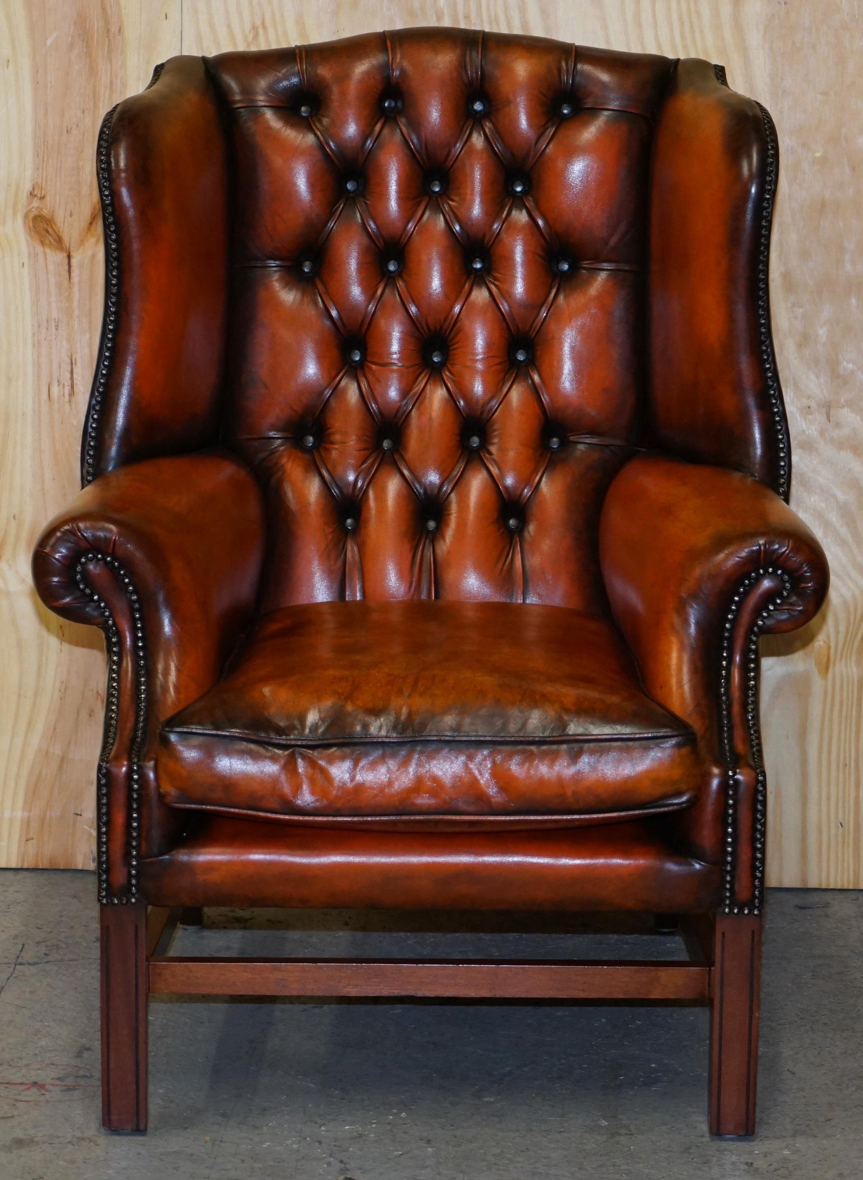 English Stunning Pair of Chesterfield Restored Wingback Armchairs Whisky Brown Leather