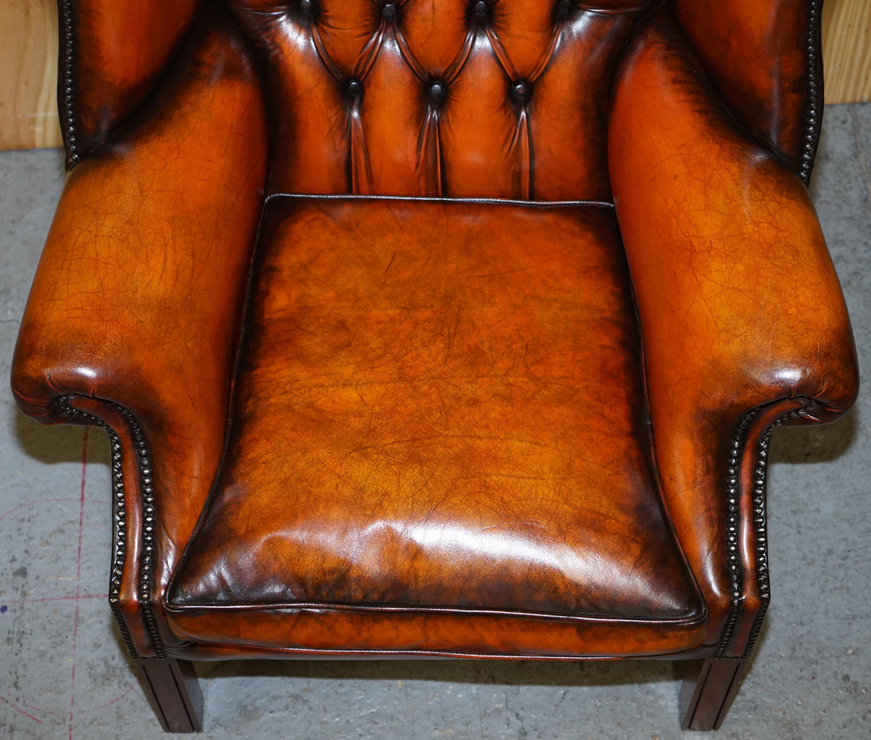 Hand-Crafted Stunning Pair of Chesterfield Restored Wingback Armchairs Whisky Brown Leather