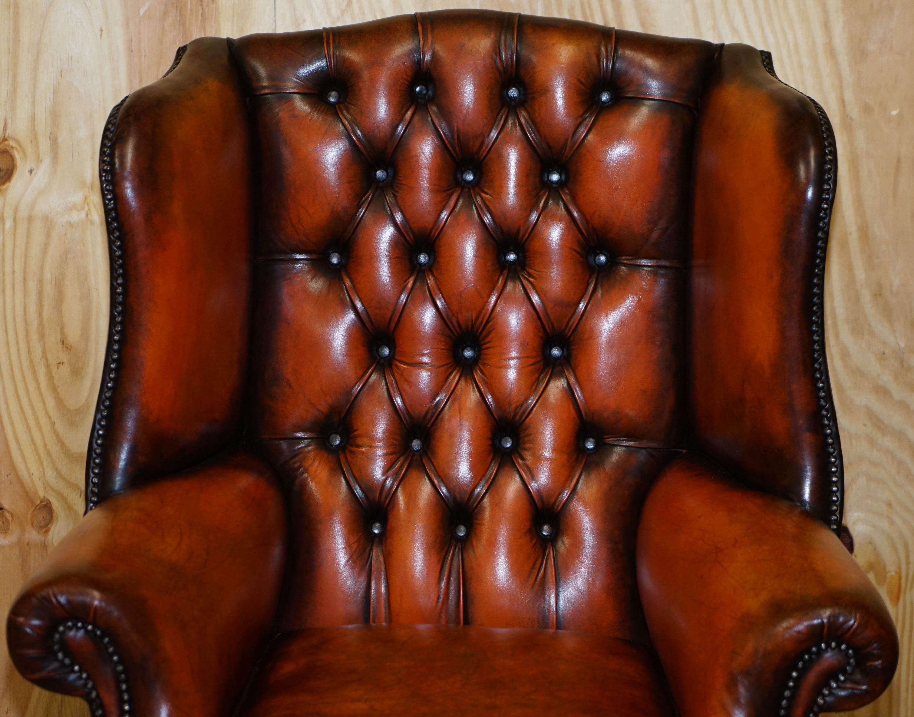 20th Century Stunning Pair of Chesterfield Restored Wingback Armchairs Whisky Brown Leather