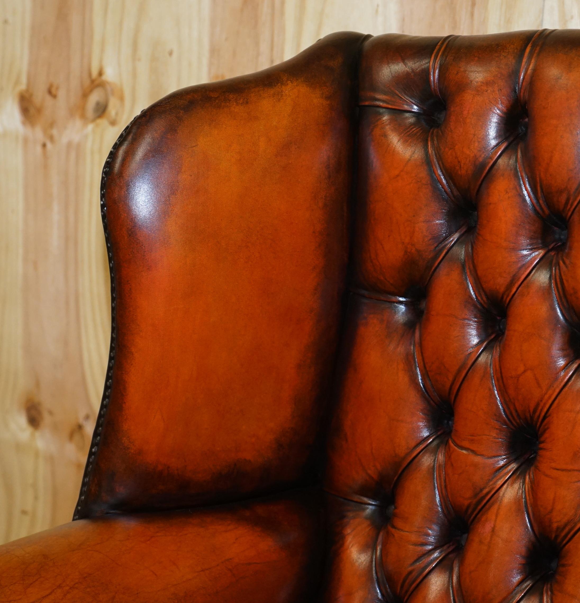 Stunning Pair of Chesterfield Restored Wingback Armchairs Whisky Brown Leather 1