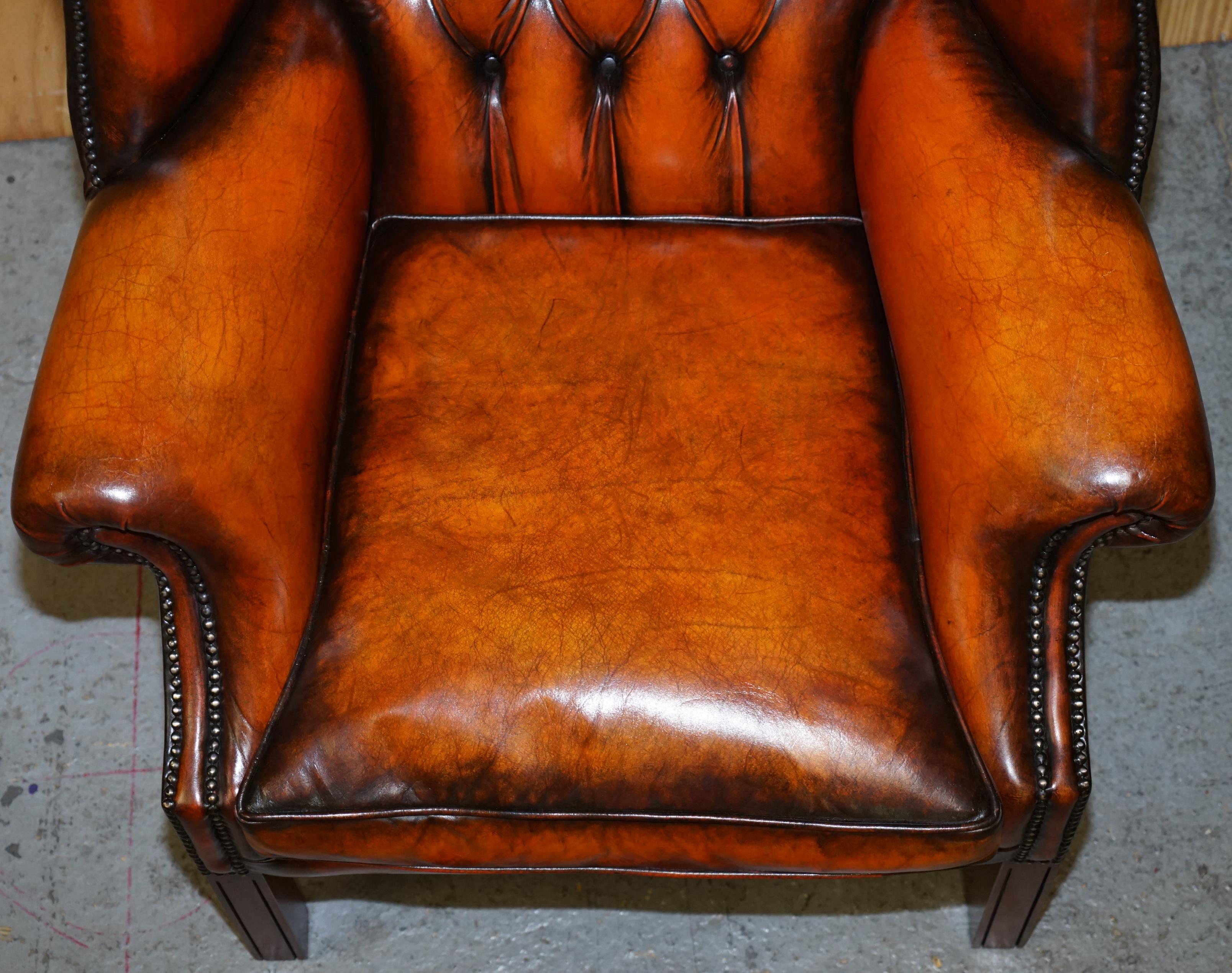 Stunning Pair of Chesterfield Restored Wingback Armchairs Whisky Brown Leather 2