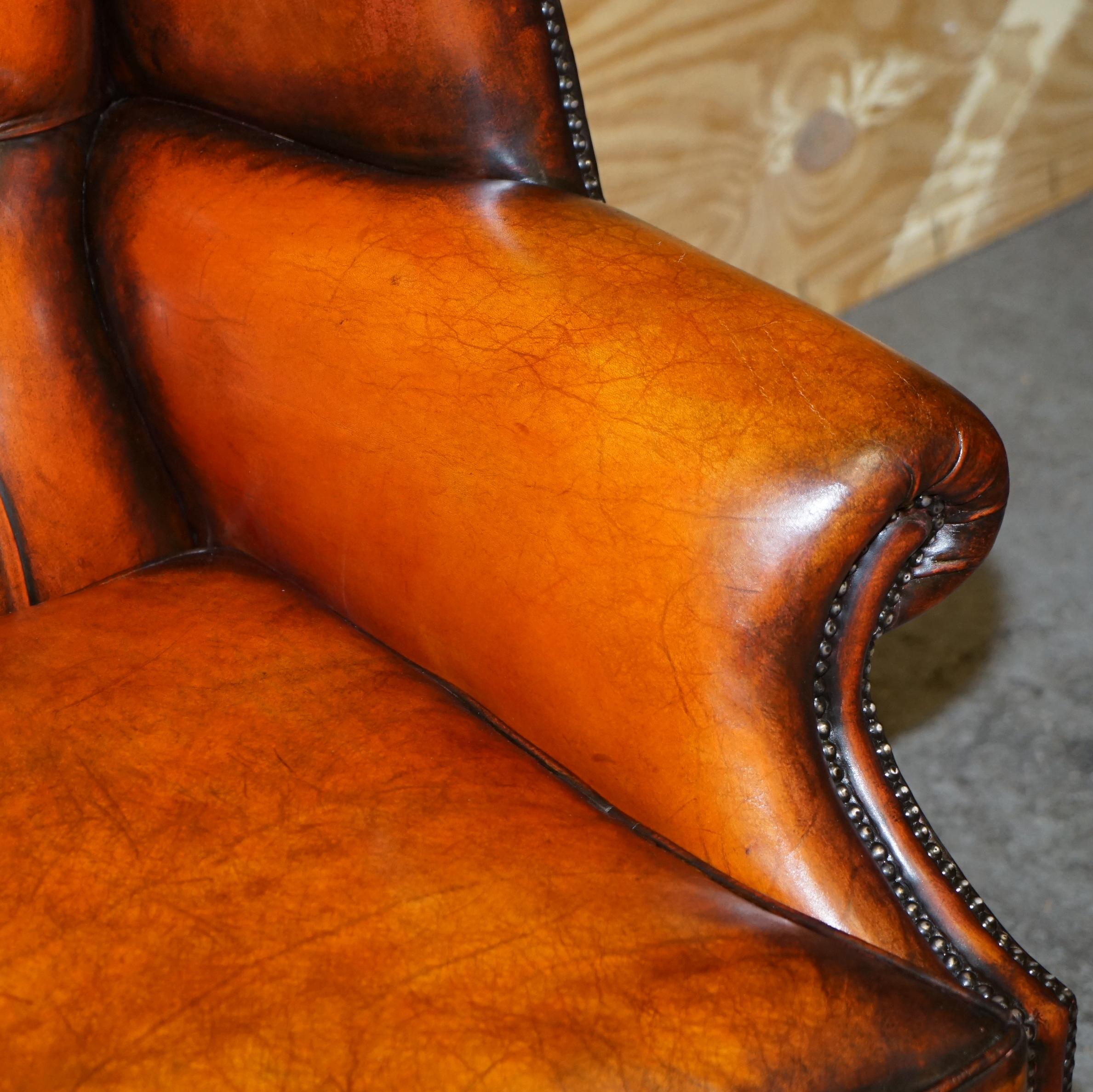 Stunning Pair of Chesterfield Restored Wingback Armchairs Whisky Brown Leather 3