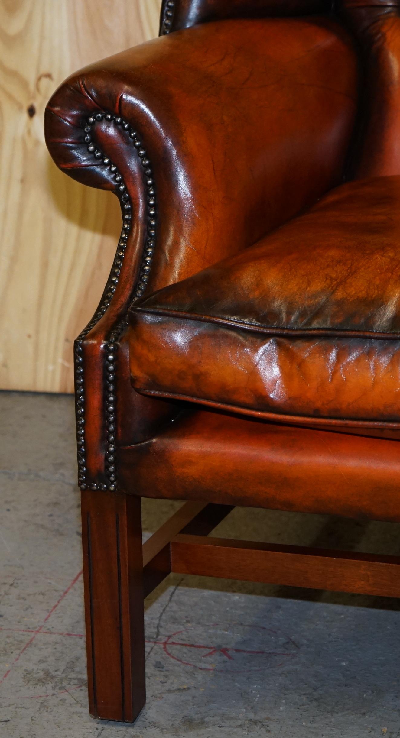 Stunning Pair of Chesterfield Restored Wingback Armchairs Whisky Brown Leather 4