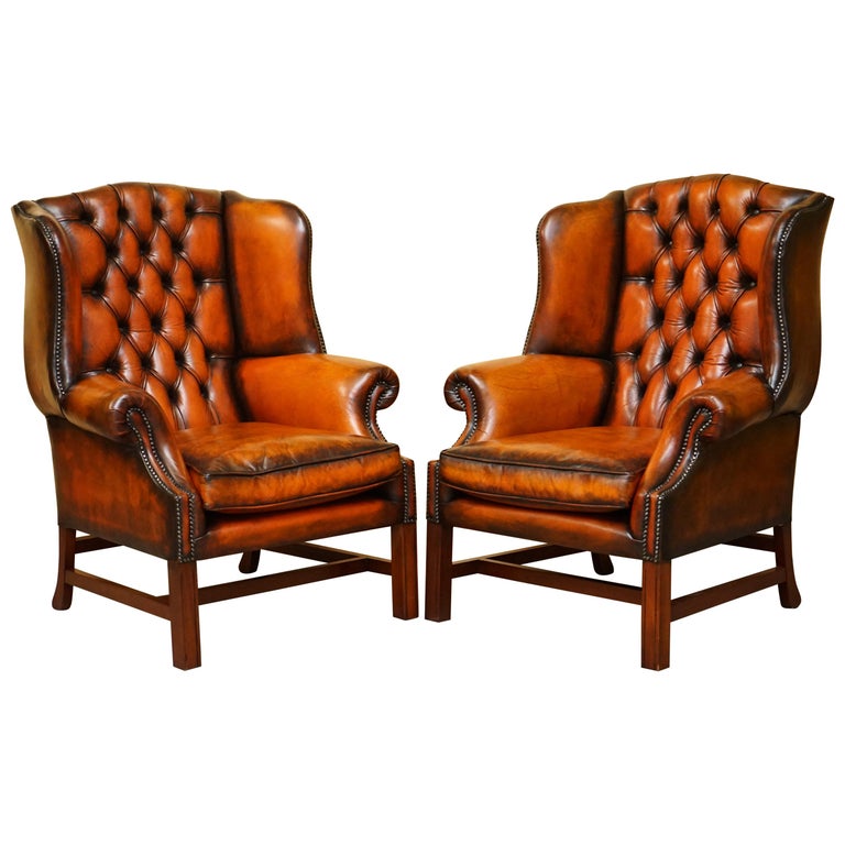 Stunning Pair of Chesterfield Restored Wingback Armchairs Whisky Brown