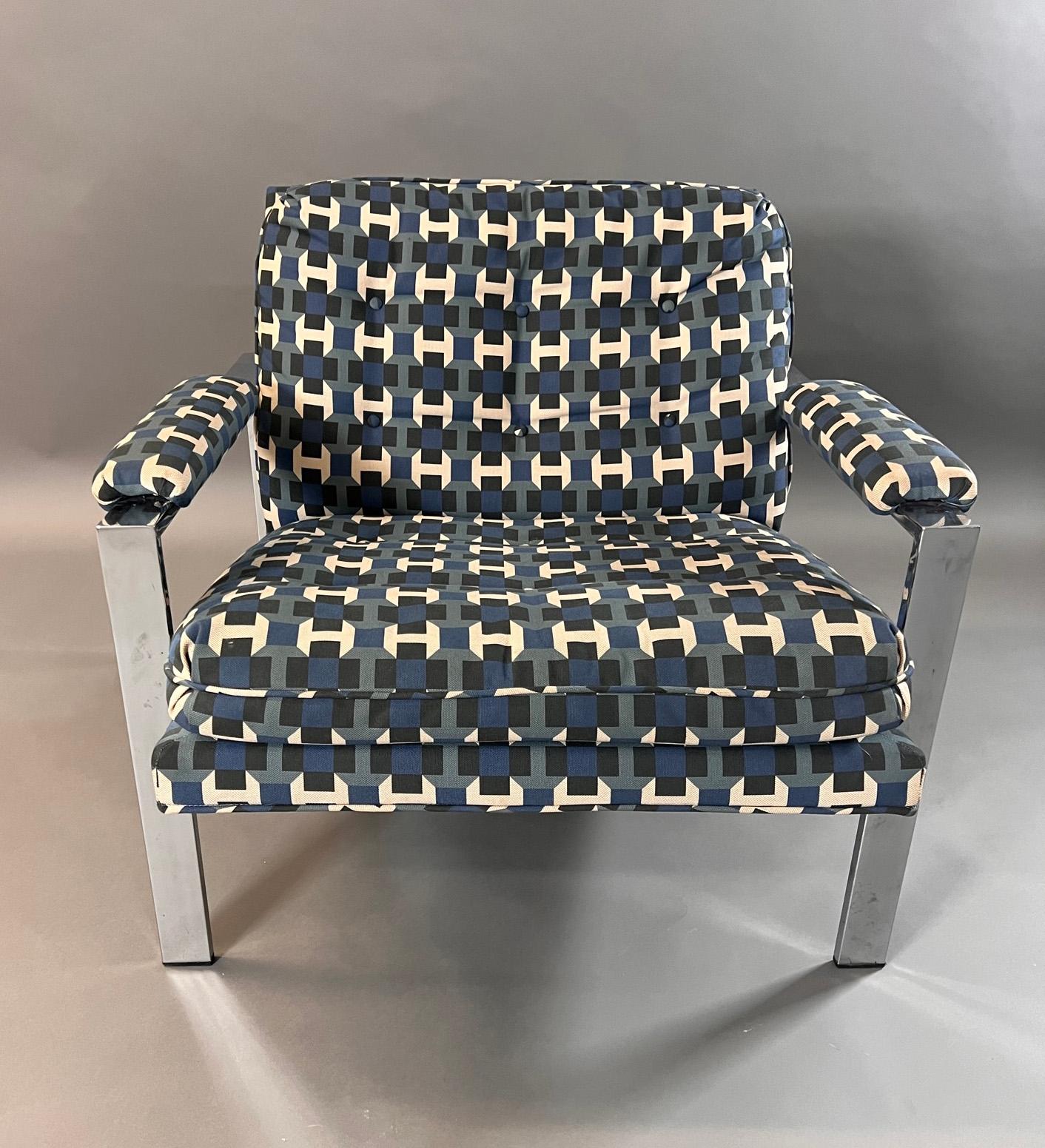 American Stunning Pair of Chrome Flat Bar Lounge Chairs in Hermes Upholstery For Sale