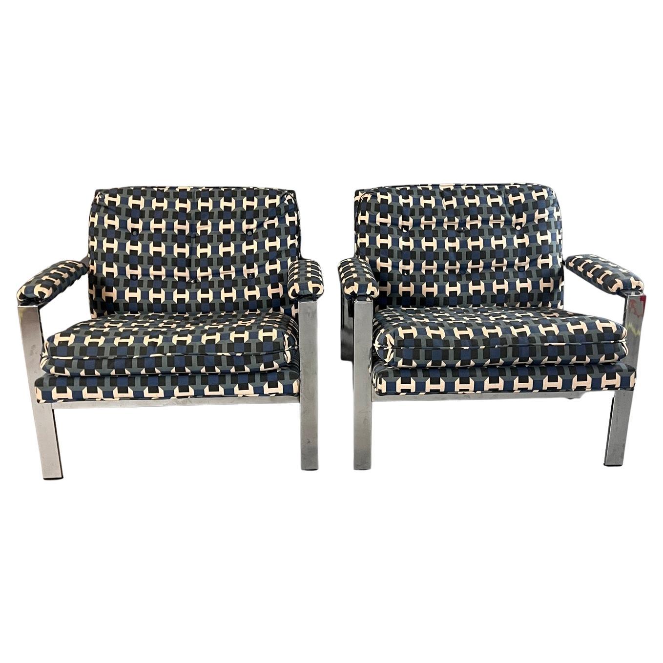 Stunning Pair of Chrome Flat Bar Lounge Chairs in Hermes Upholstery For Sale