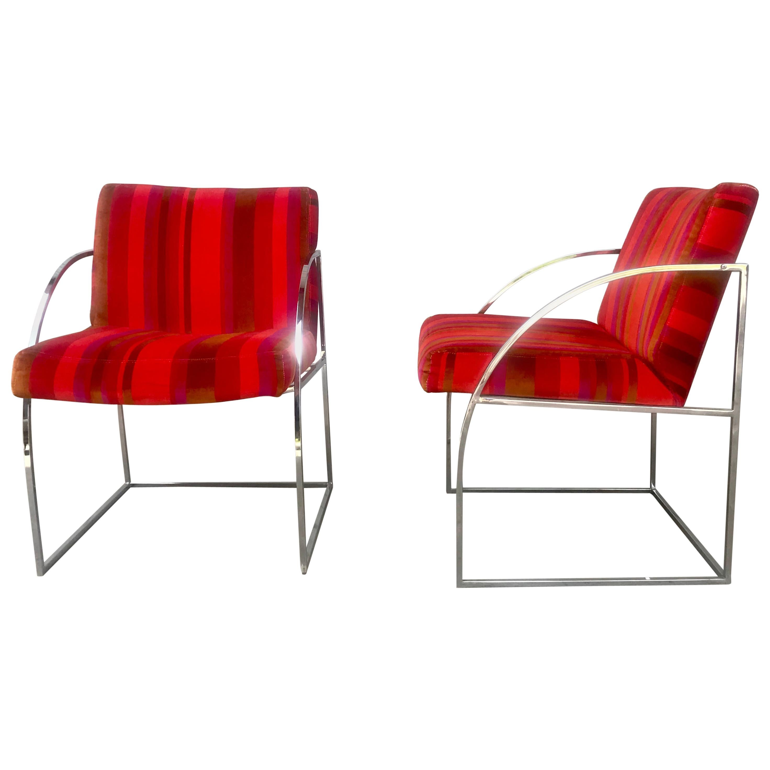 Stunning Pair of Chrome Milo Baughman Lounge Chairs, Alexander Girard Fabric