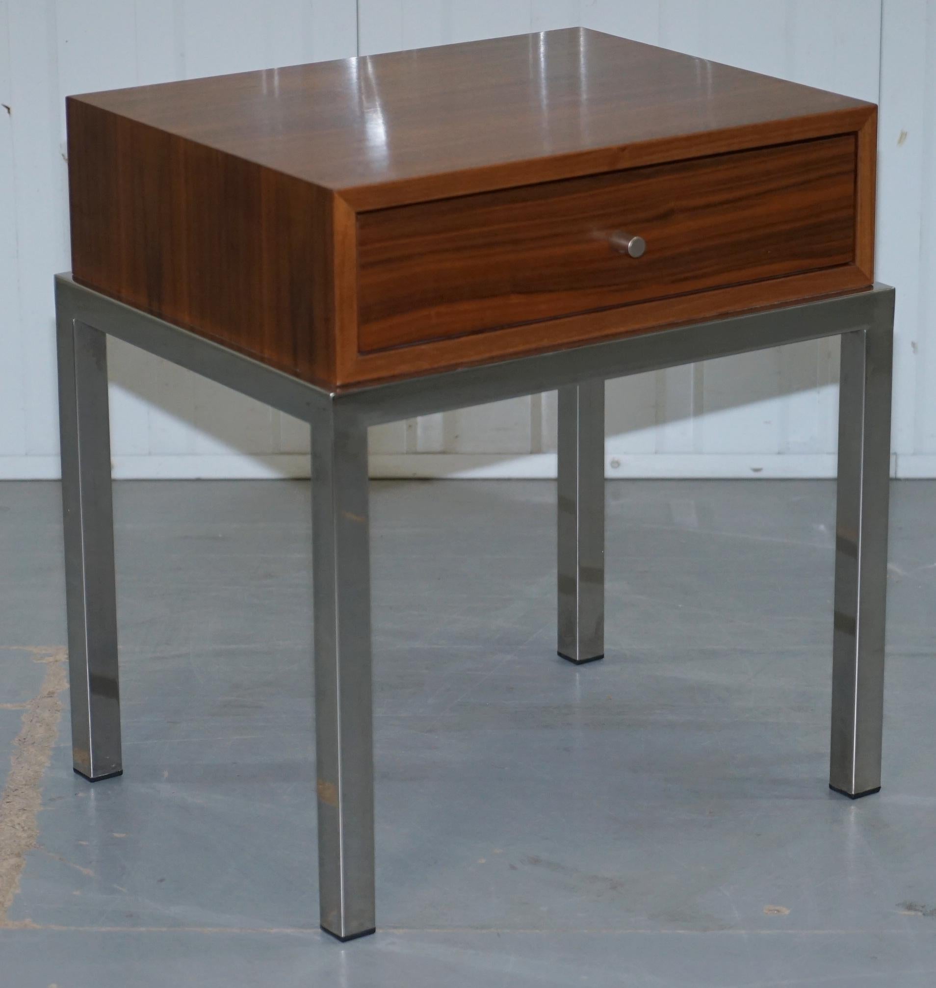 Stunning Pair of Chromed Base Teak Single Drawer Contemporary Side Lamp Tables 7