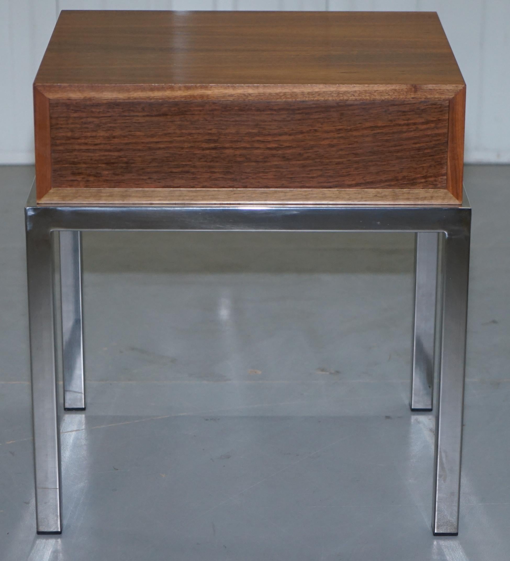 Stunning Pair of Chromed Base Teak Single Drawer Contemporary Side Lamp Tables 12