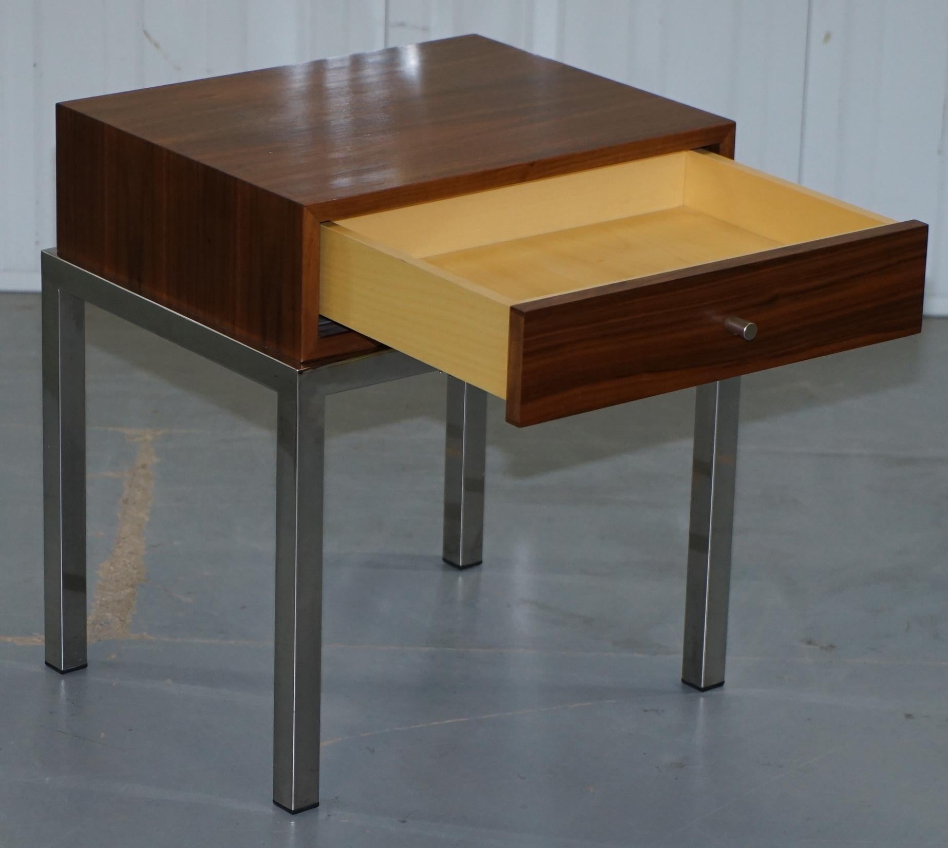 Stunning Pair of Chromed Base Teak Single Drawer Contemporary Side Lamp Tables 13