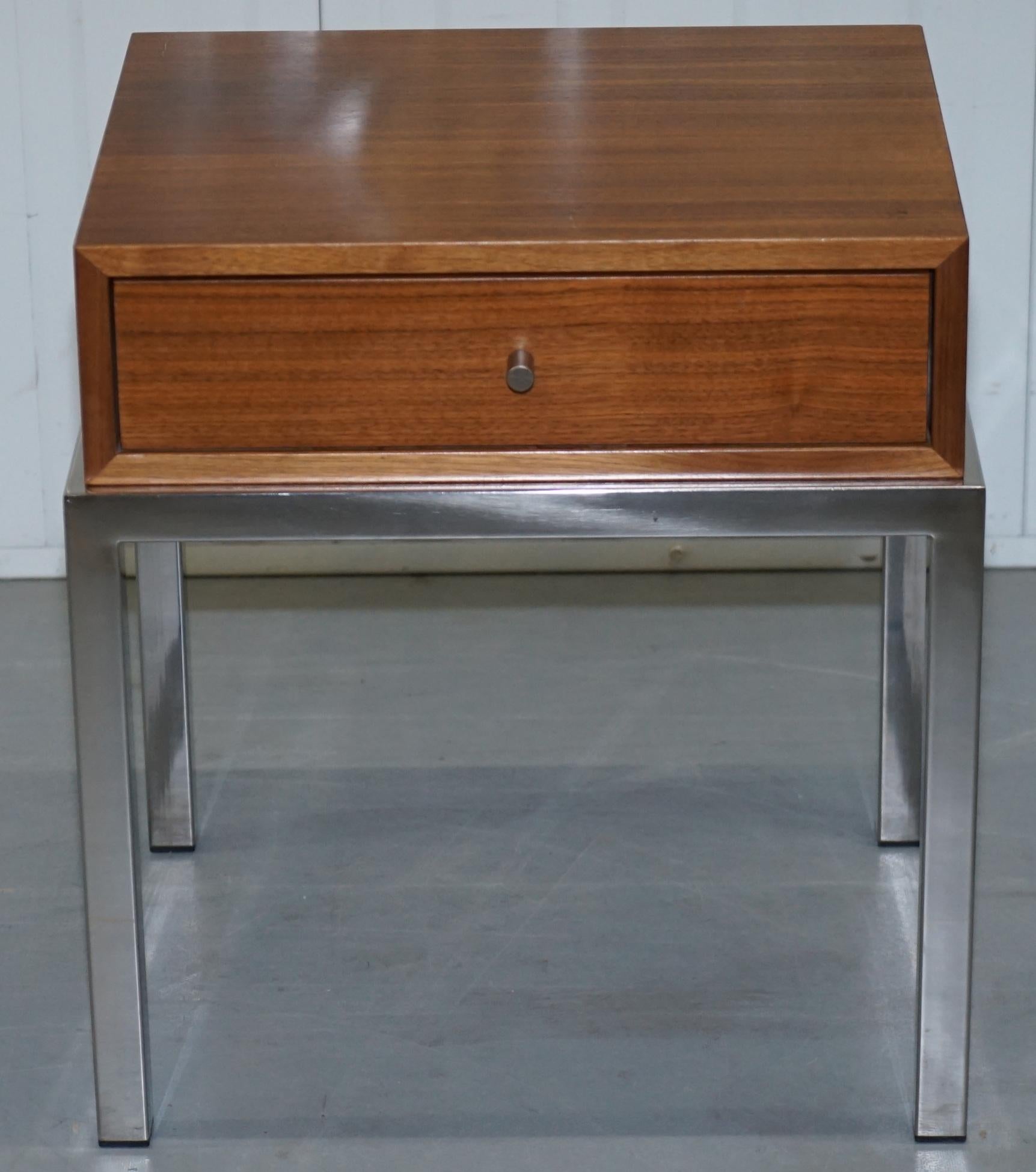 Modern Stunning Pair of Chromed Base Teak Single Drawer Contemporary Side Lamp Tables