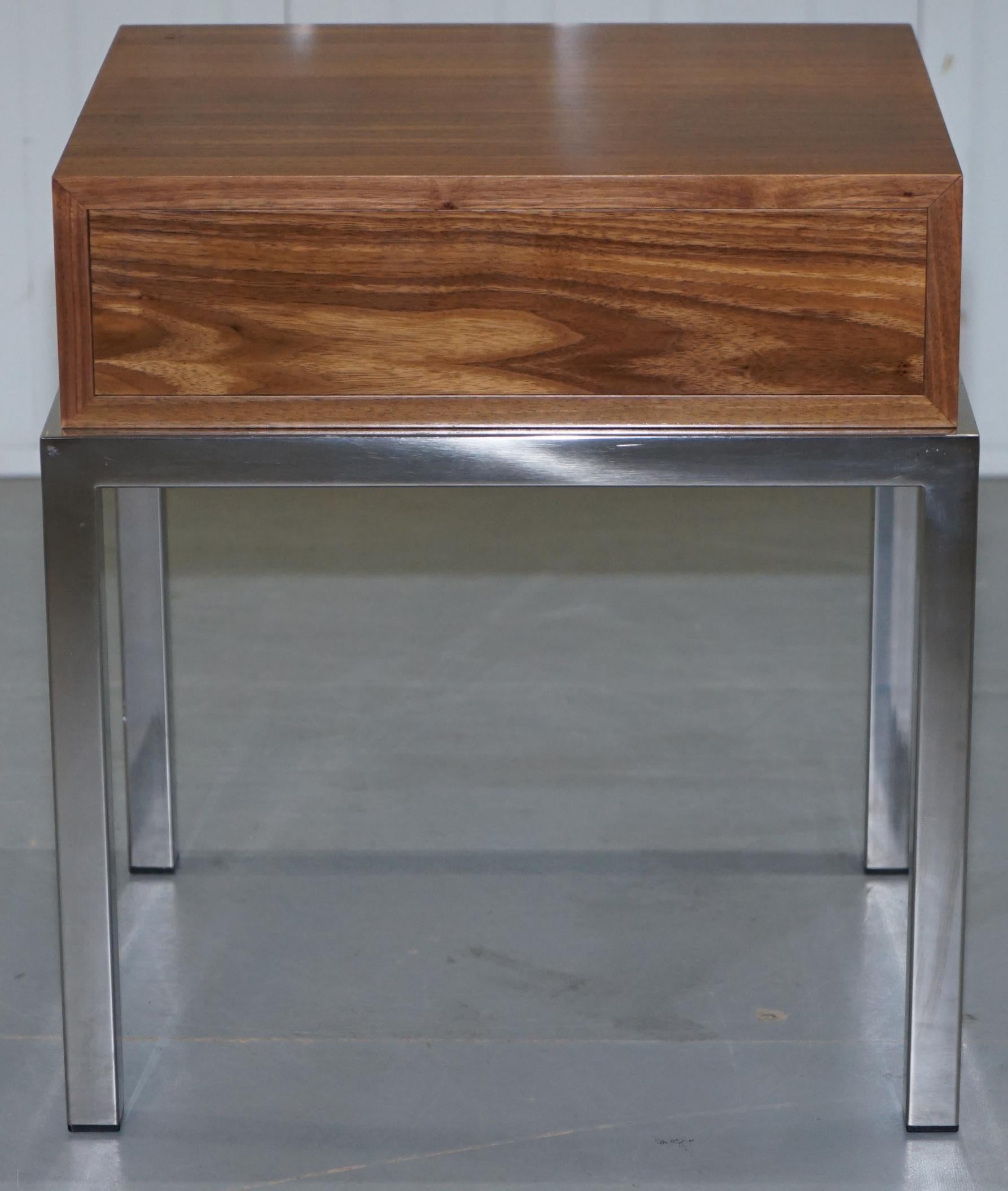 Stunning Pair of Chromed Base Teak Single Drawer Contemporary Side Lamp Tables 2