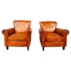 Vintage Stunning Pair of Club Leather Chairs, Hand Dyed Tan #634