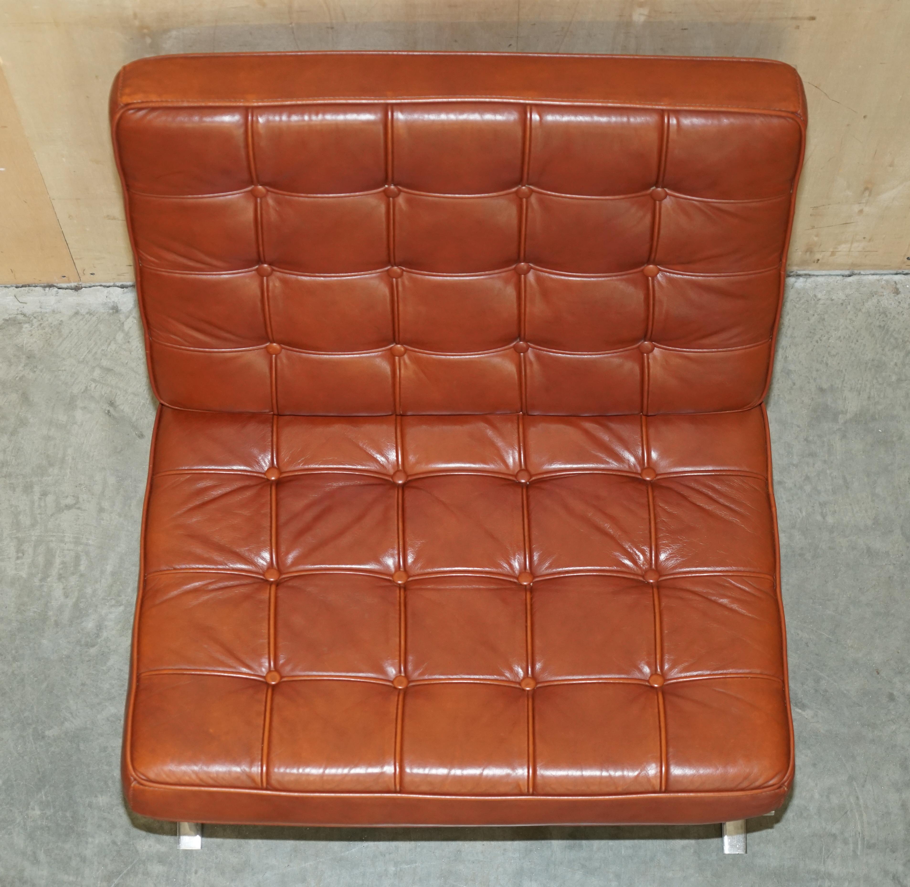Stunning Pair of Contemporary Designed Brown Leather Lounge Armchairs & Ottomans For Sale 9