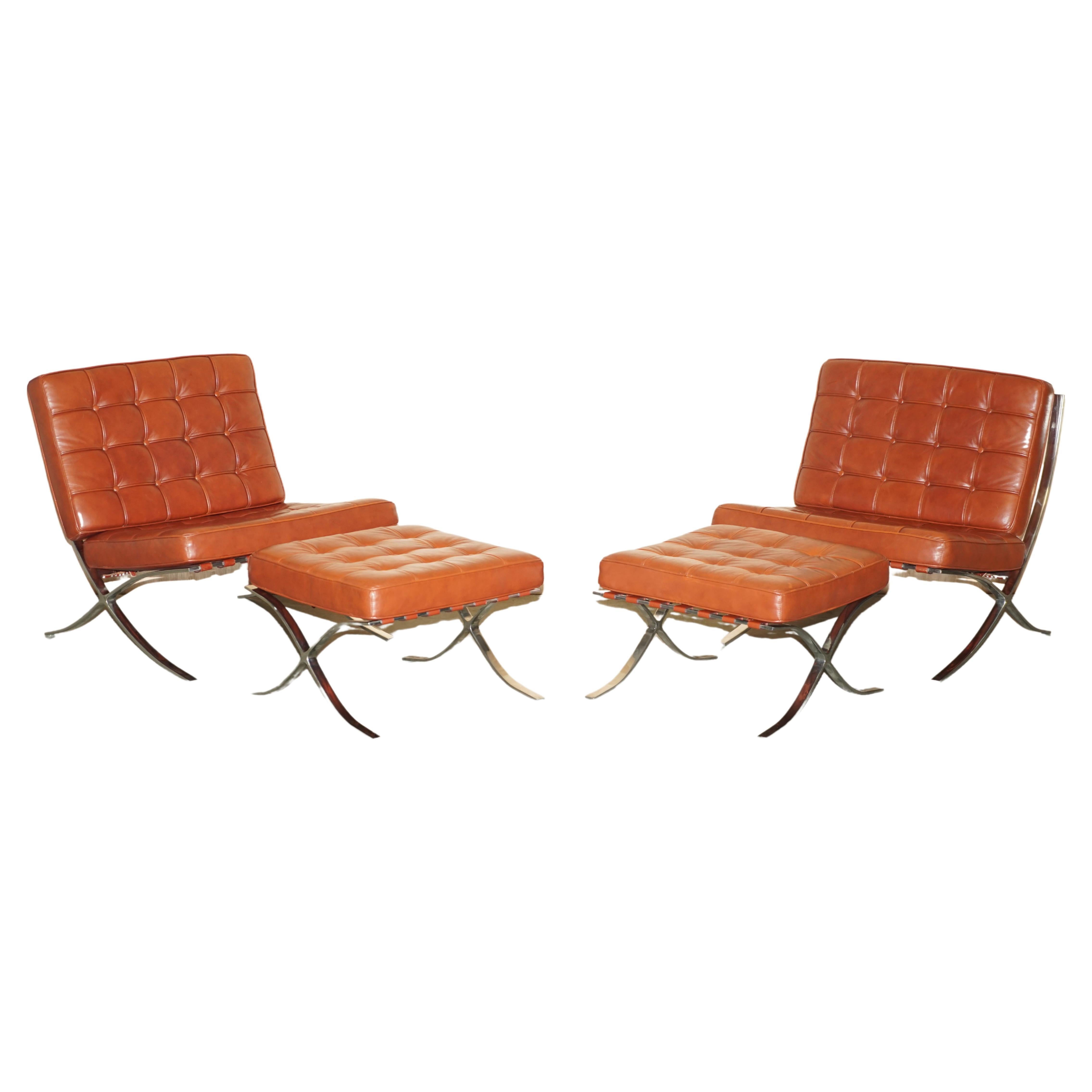 Stunning Pair of Contemporary Designed Brown Leather Lounge Armchairs & Ottomans For Sale