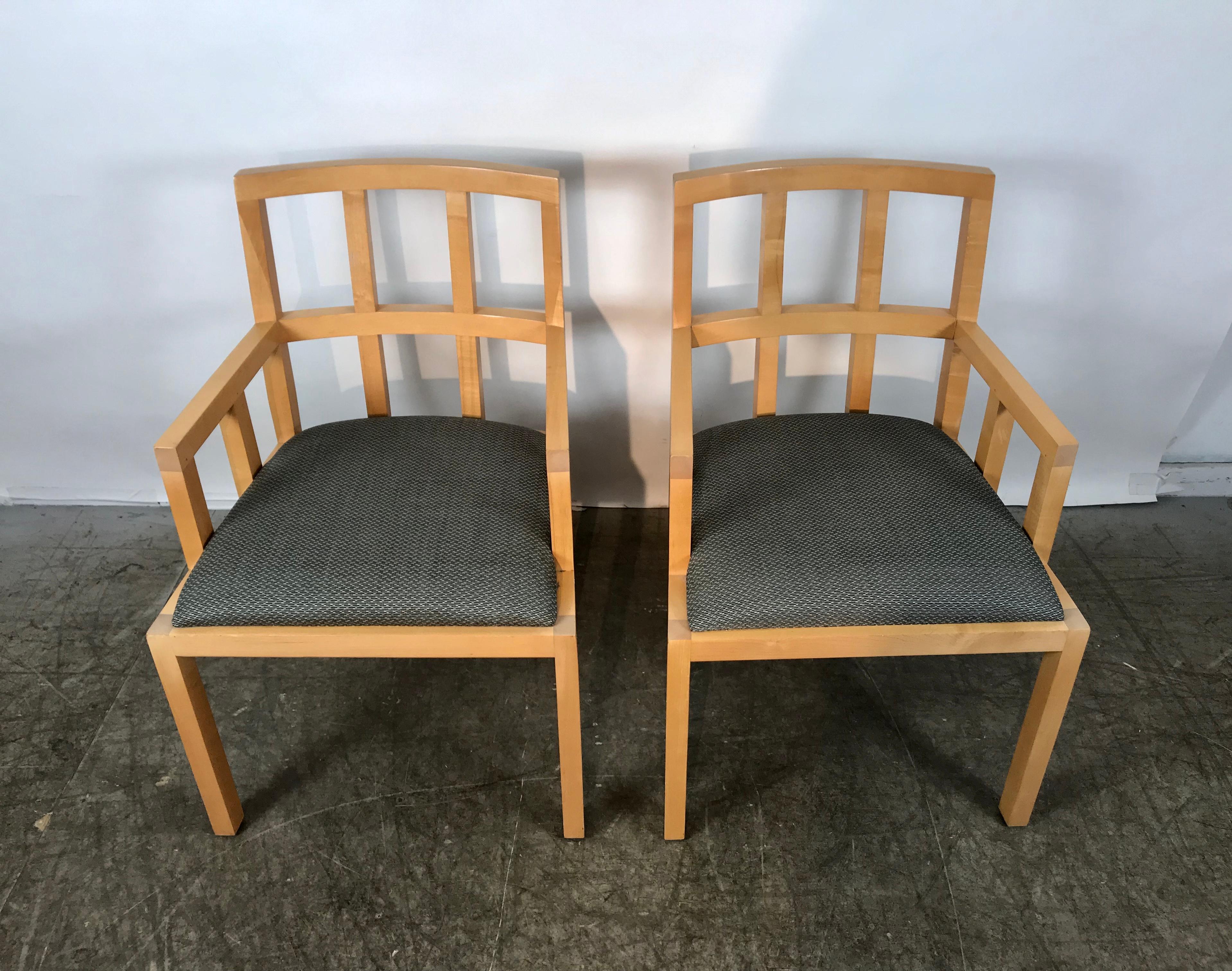Stunning pair of contemporary modern birch armchairs, Bernhardt Furniture Co., Classic style and design, Superior quality and construction, super sturdy. Extremely comfortable, perfect captains chairs for dining room.