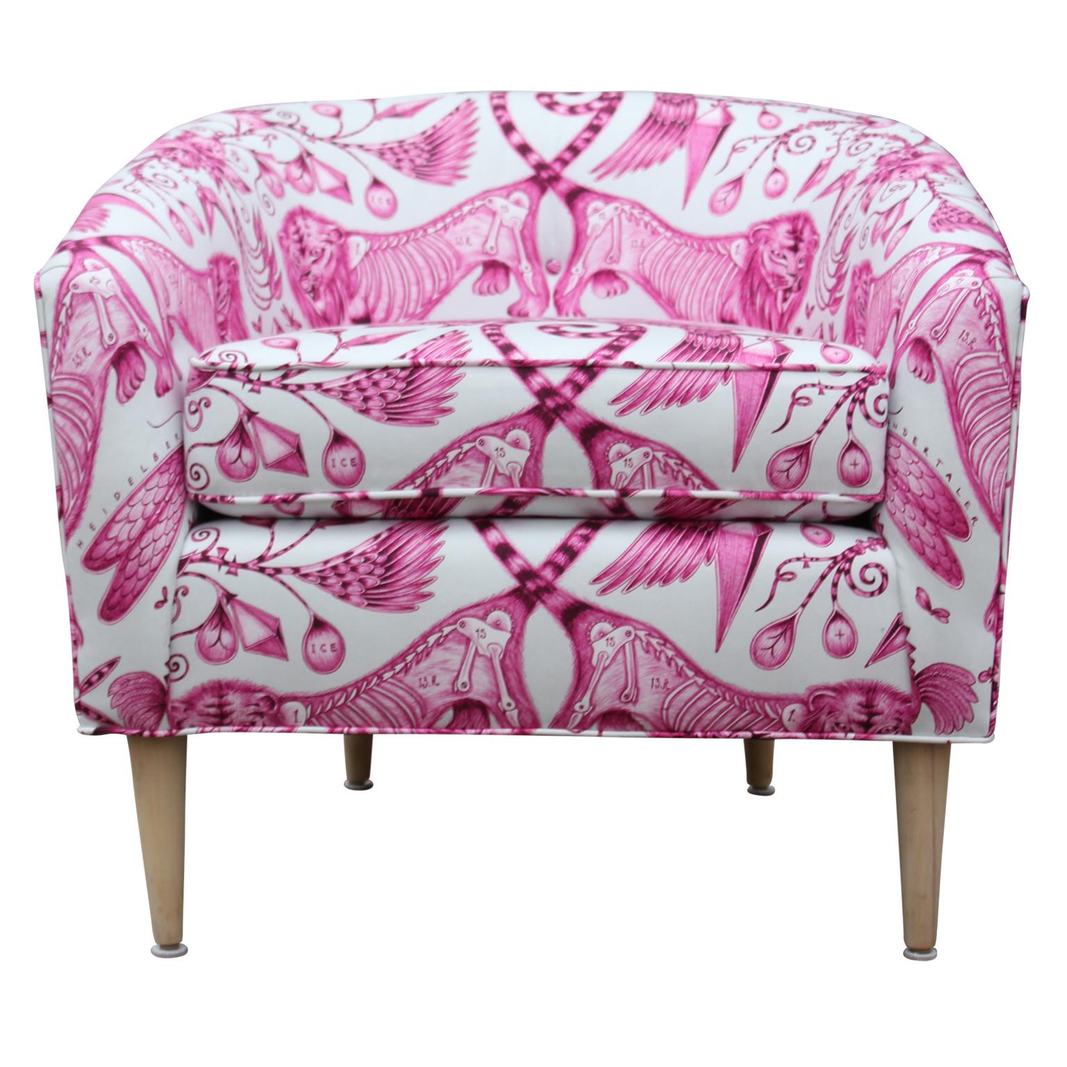 Wood Stunning Pair of Custom Pink/White Barrel Back Lounge Chairs