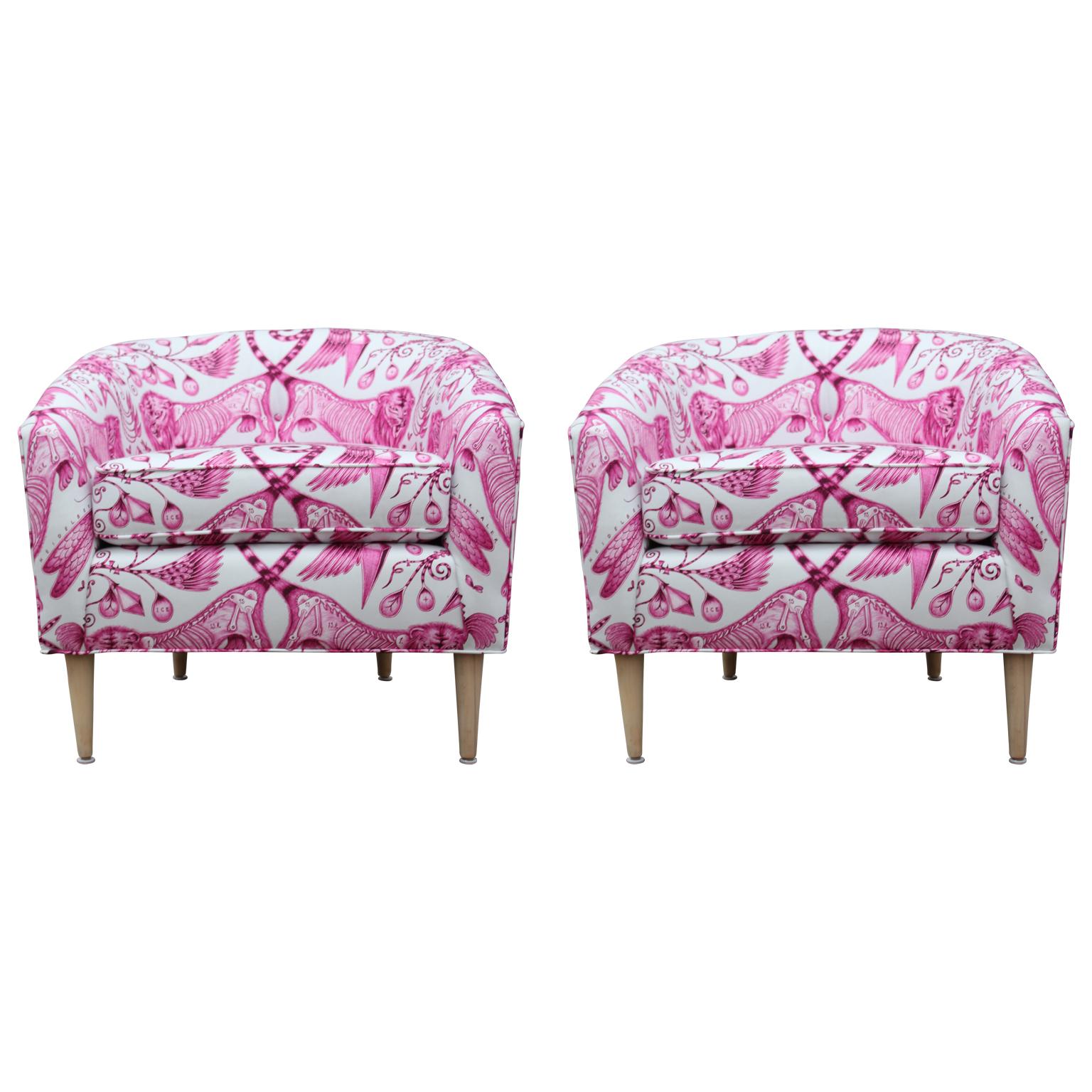 Stunning Pair of Custom Pink/White Barrel Back Lounge Chairs