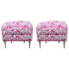 Stunning Pair of Custom Pink/White Barrel Back Lounge Chairs