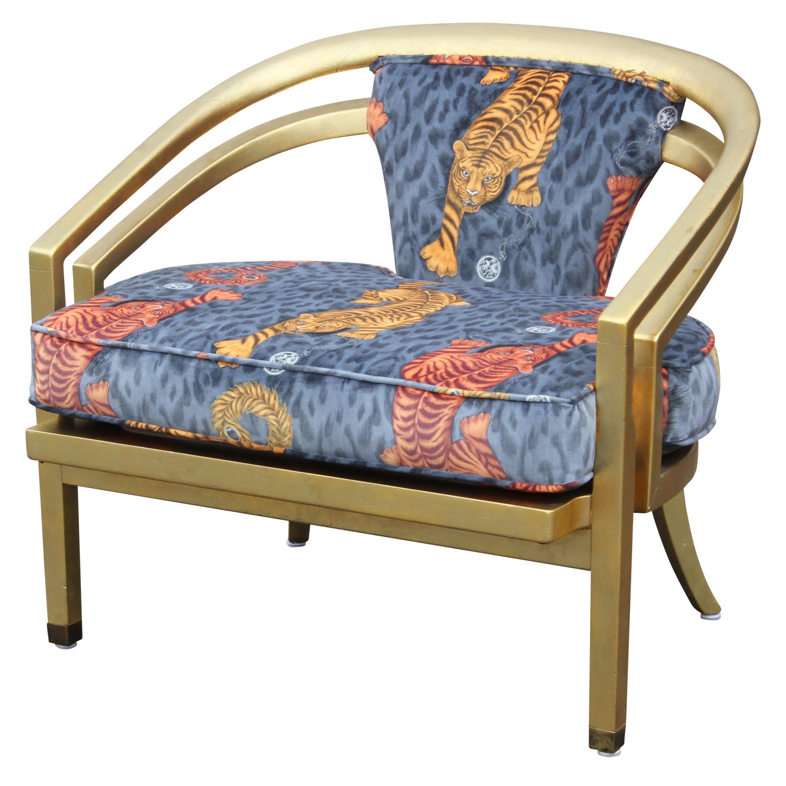 Stunning Pair of Custom Upholstered Modern Tiger Print 22-Karat Gold-Leaf Chairs In Excellent Condition In Houston, TX