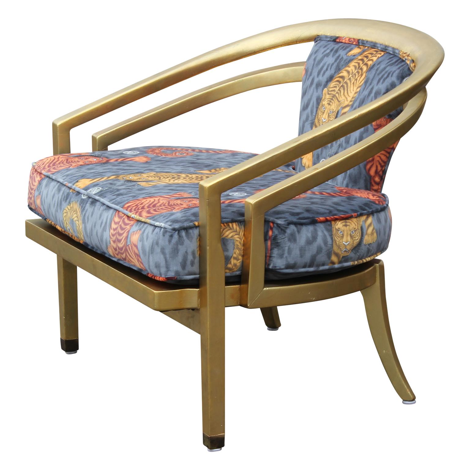 Mid-20th Century Stunning Pair of Custom Upholstered Modern Tiger Print 22-Karat Gold-Leaf Chairs