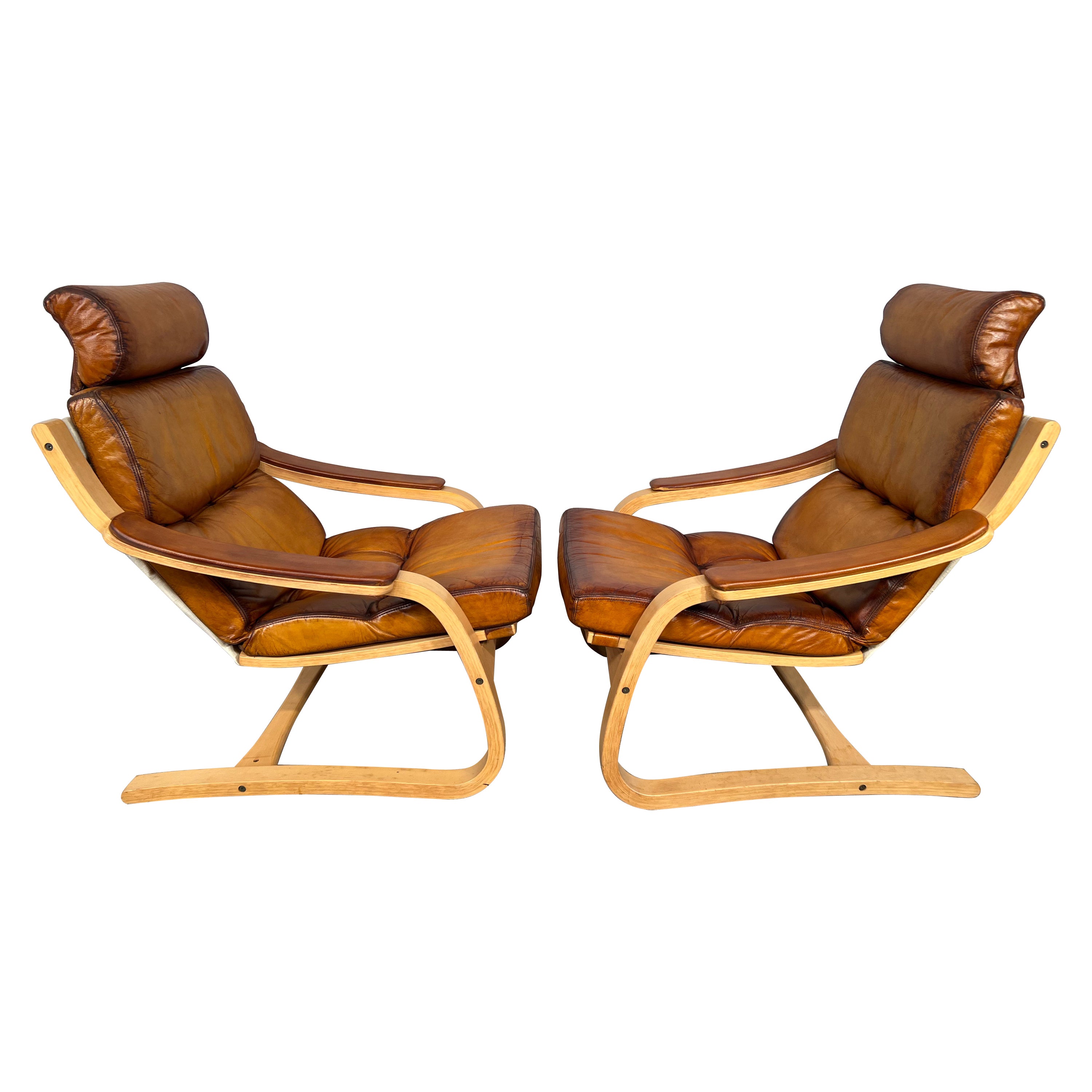 Stunning Pair Of Danish 70s Bentwood Floating Armchairs Hand dyed Tan #454