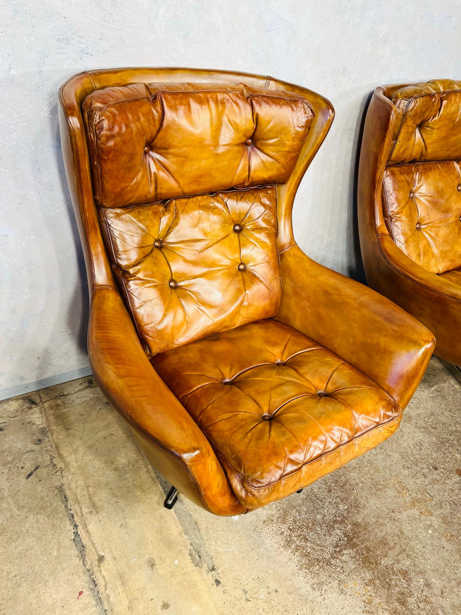 20th Century Stunning Pair of Danish Swivel Armchairs Tan Mid Century 1970s Retro #657