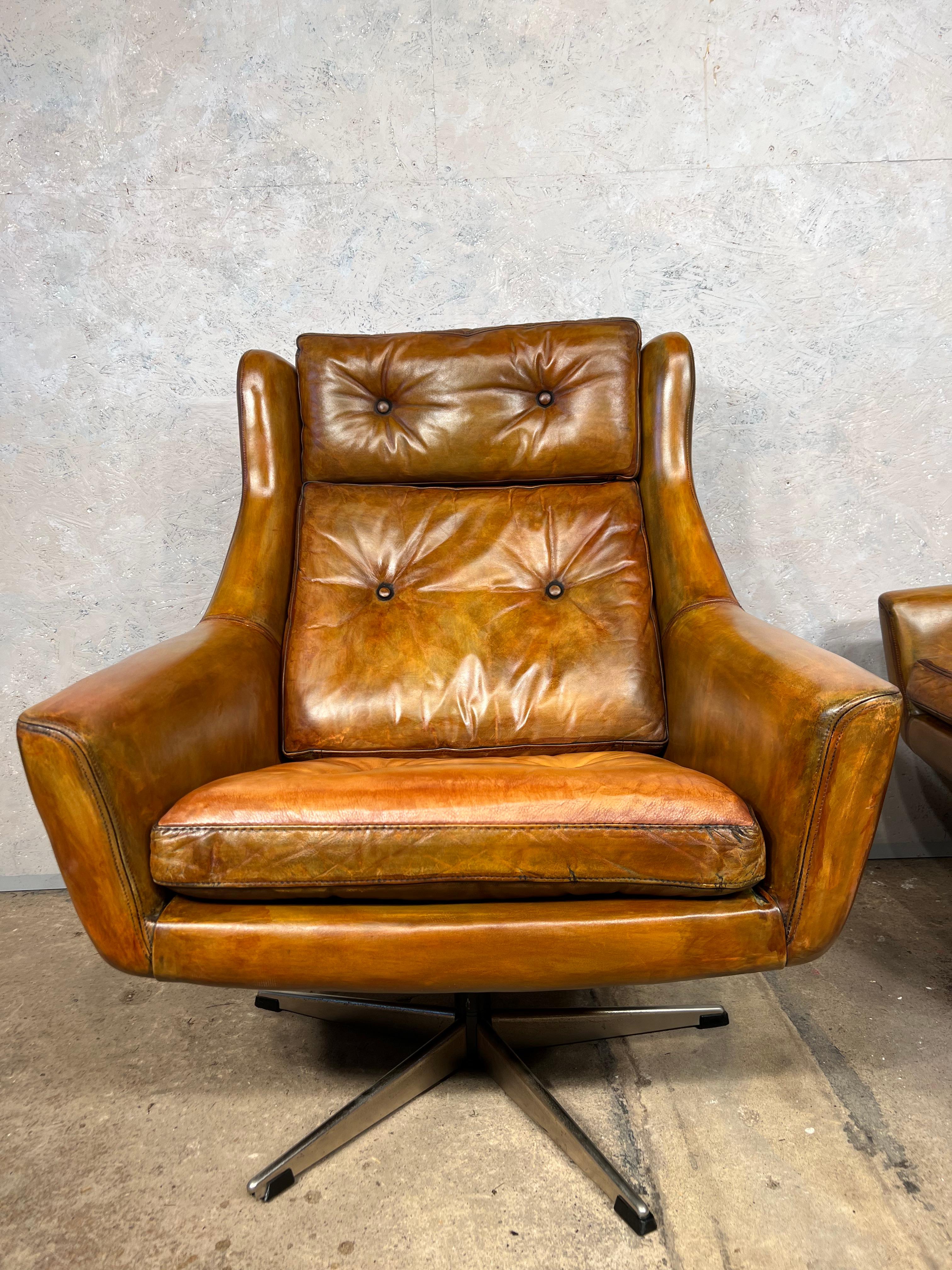 20th Century Stunning Pair of Danish Swivel Armchairs Tan Mid Century 1970s Retro #531