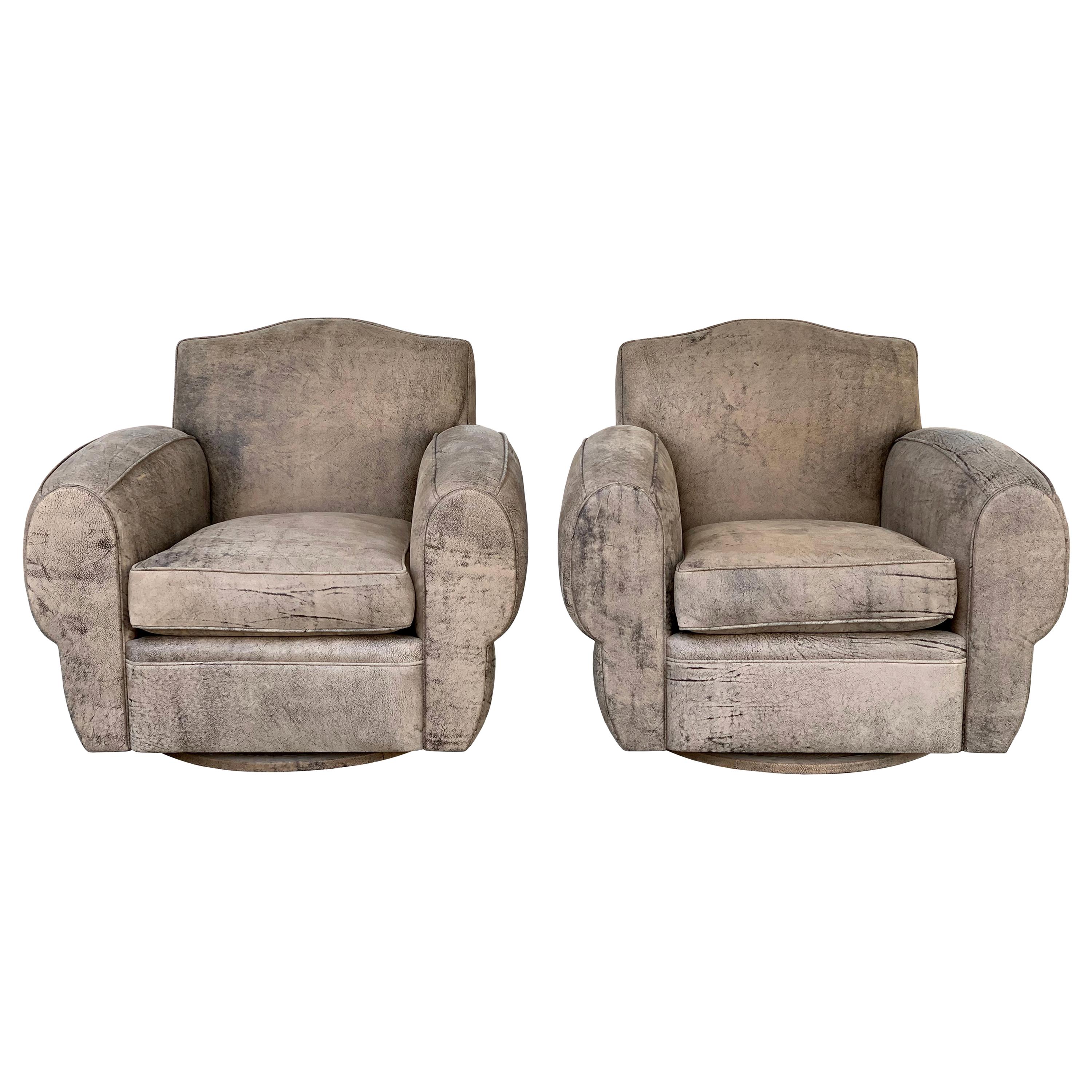 Stunning Pair of Deco Style Armchairs Upholstered in Elephant Print Leather
