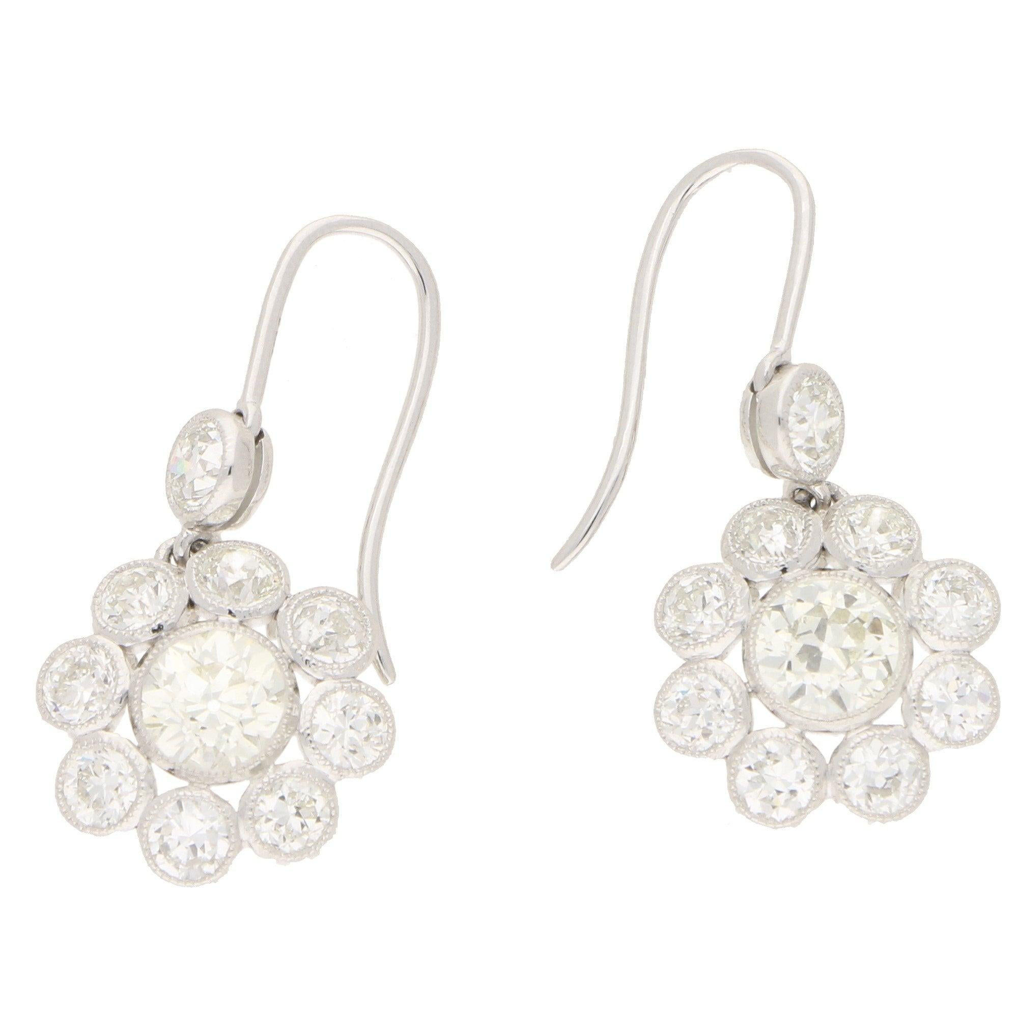 Women's or Men's Old Mine Cut Diamond Floral Cluster Earrings in Platinum 