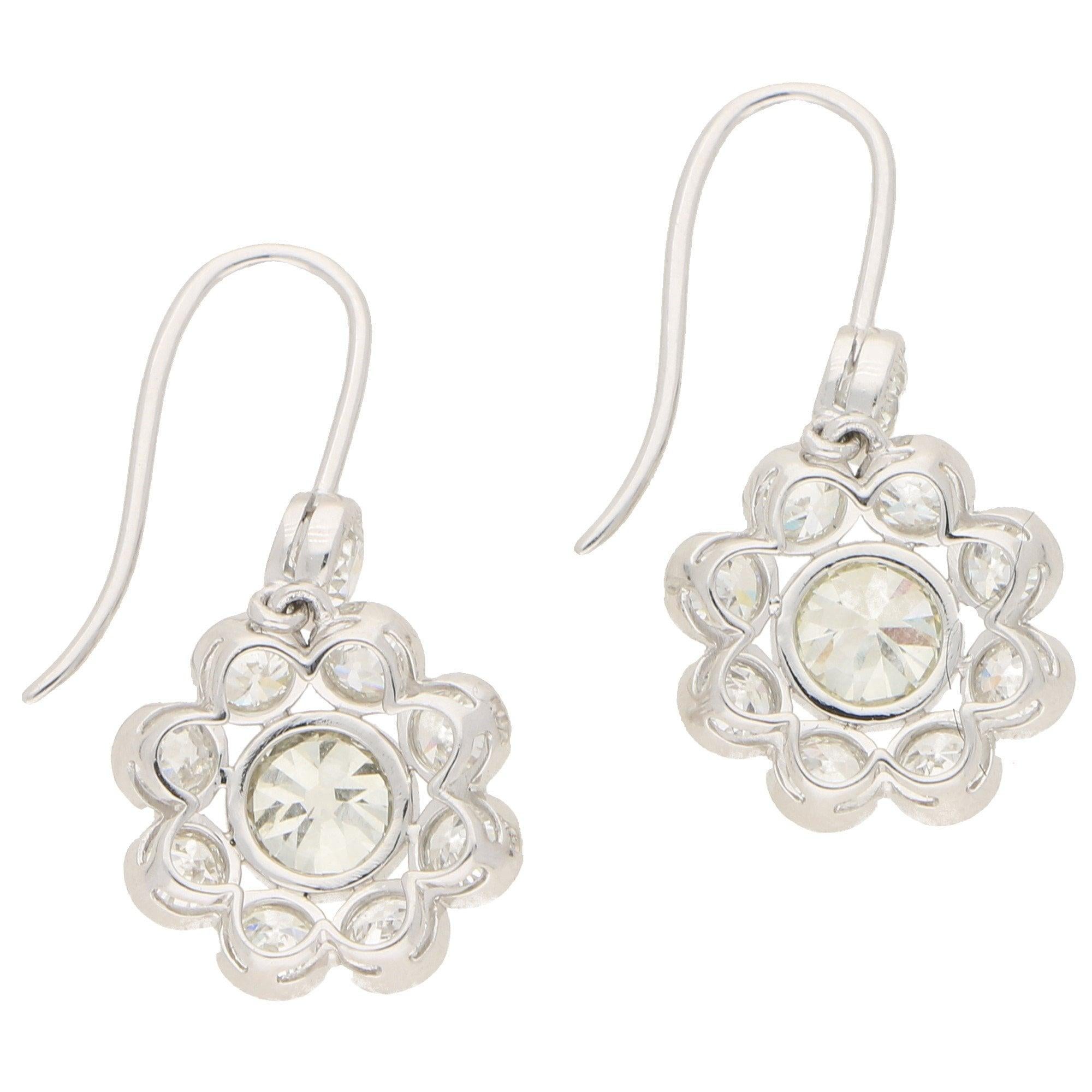 Old Mine Cut Diamond Floral Cluster Earrings in Platinum  1