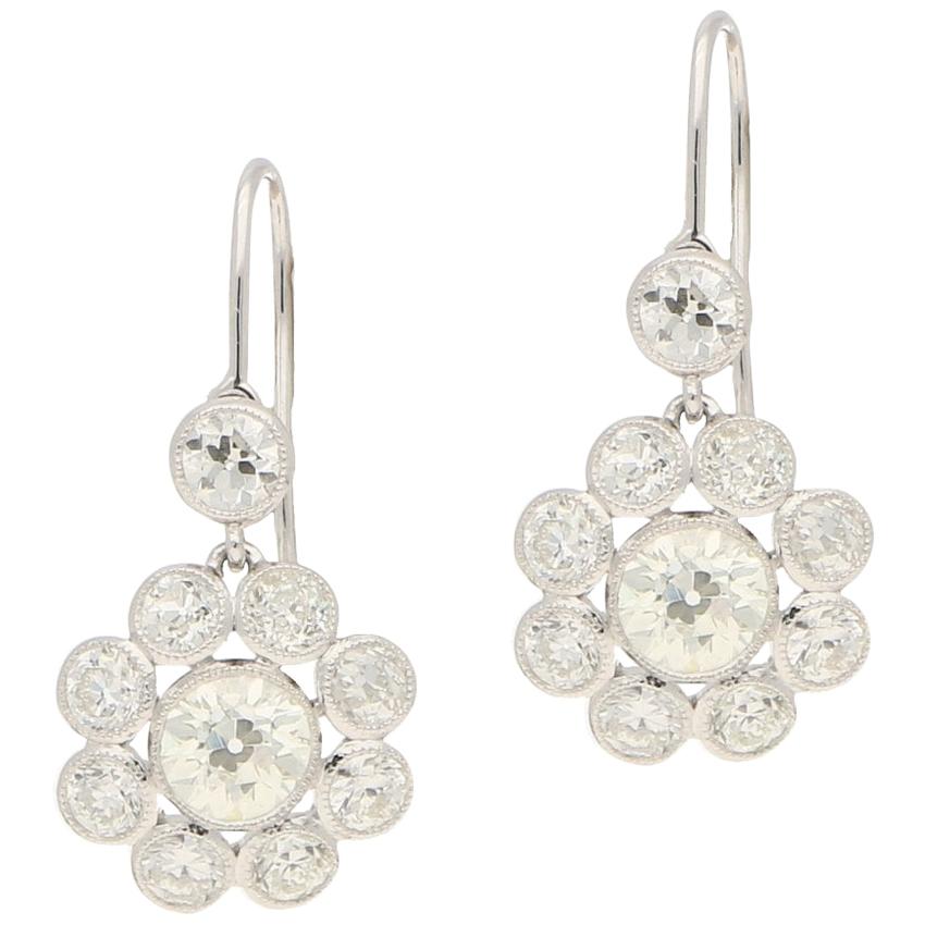 Old Mine Cut Diamond Floral Cluster Earrings in Platinum 