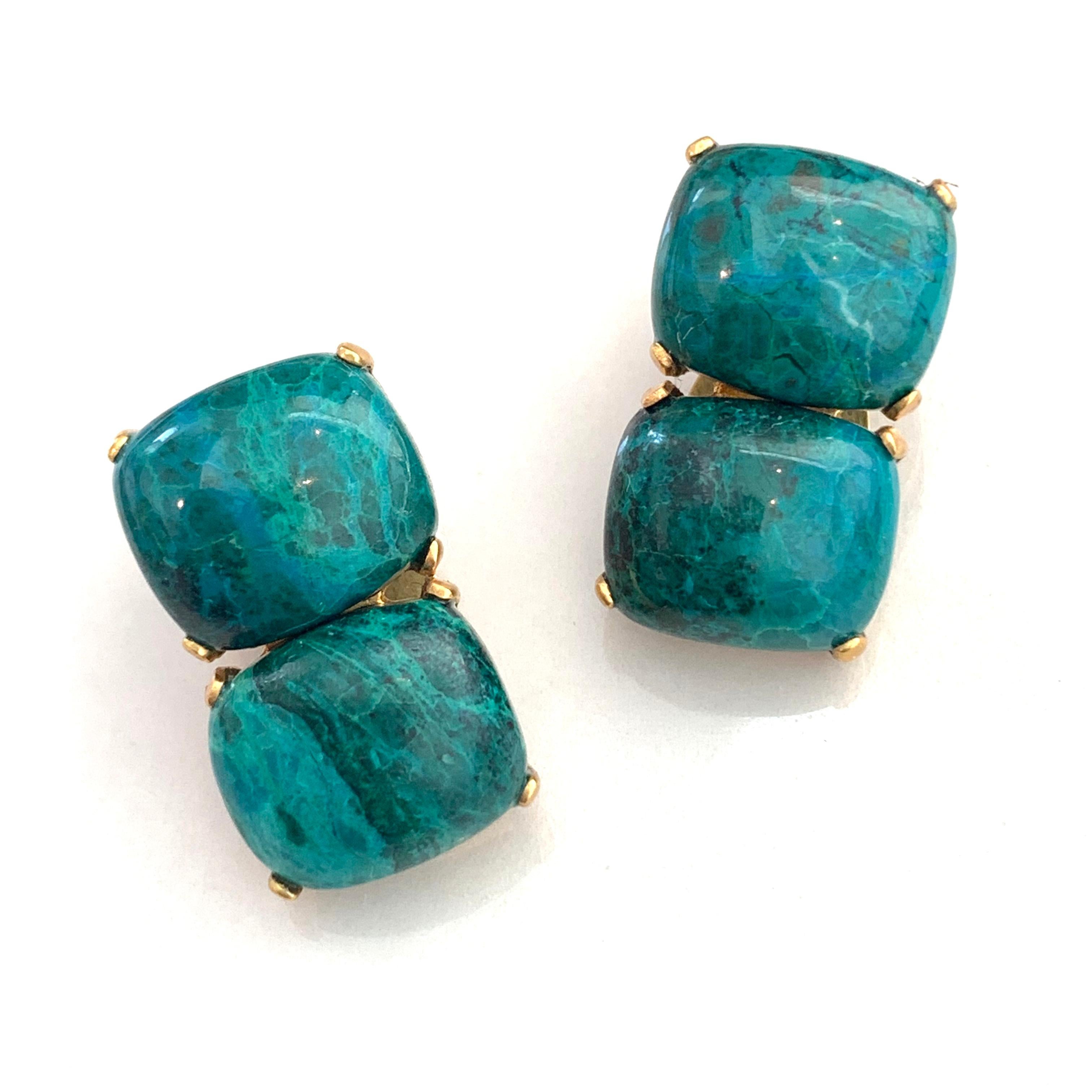 These stunning pair of earrings features 4 pieces of large cushion-shape cabochon-cut genuine chrysocolla, hand bezel-set in 18k yellow gold vermeil over sterling silver. The classic double design allows the earrings to show off the beautiful and