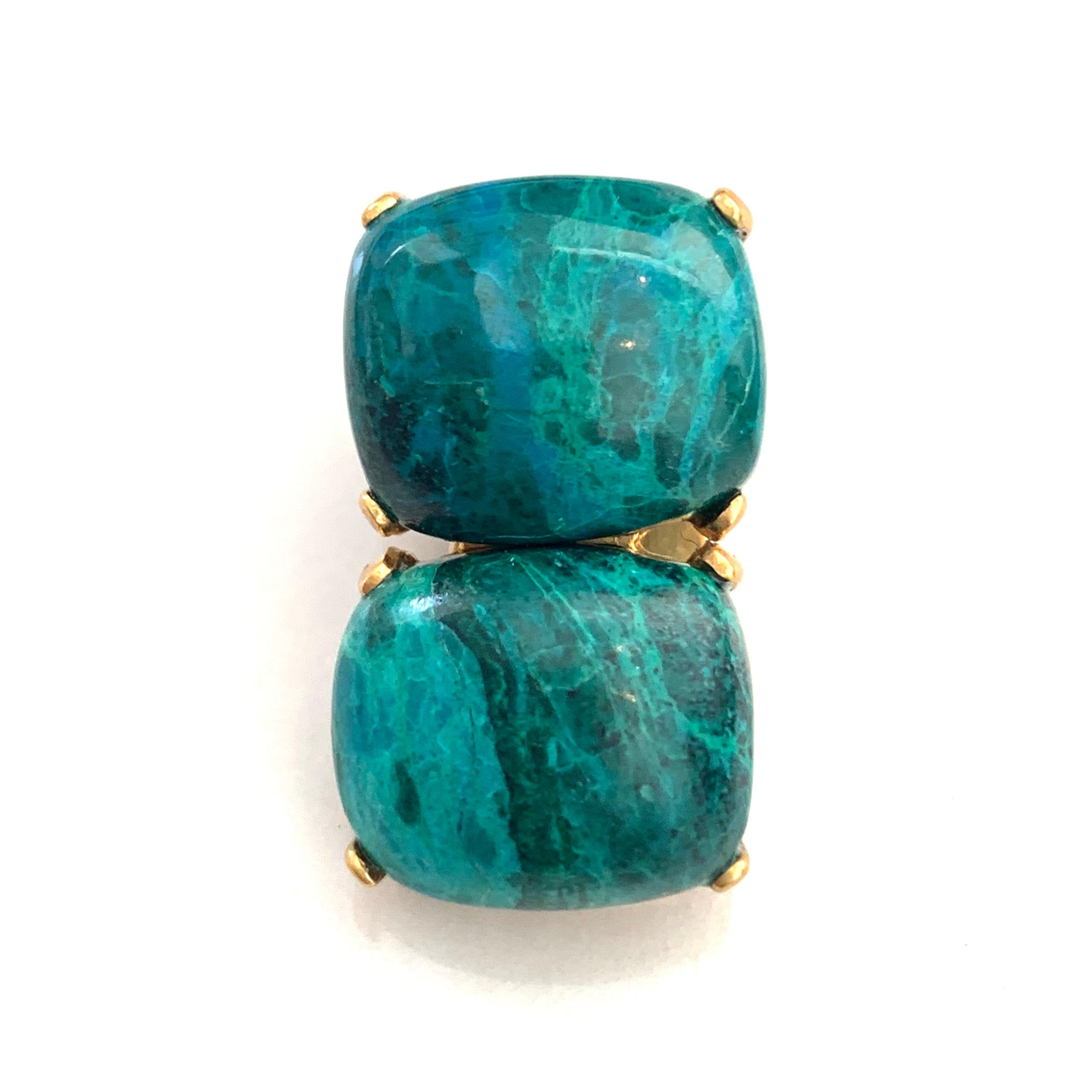 Artisan Stunning pair of Double Cushion Cabochon Chrysocolla Vermeil Clip-on Earrings