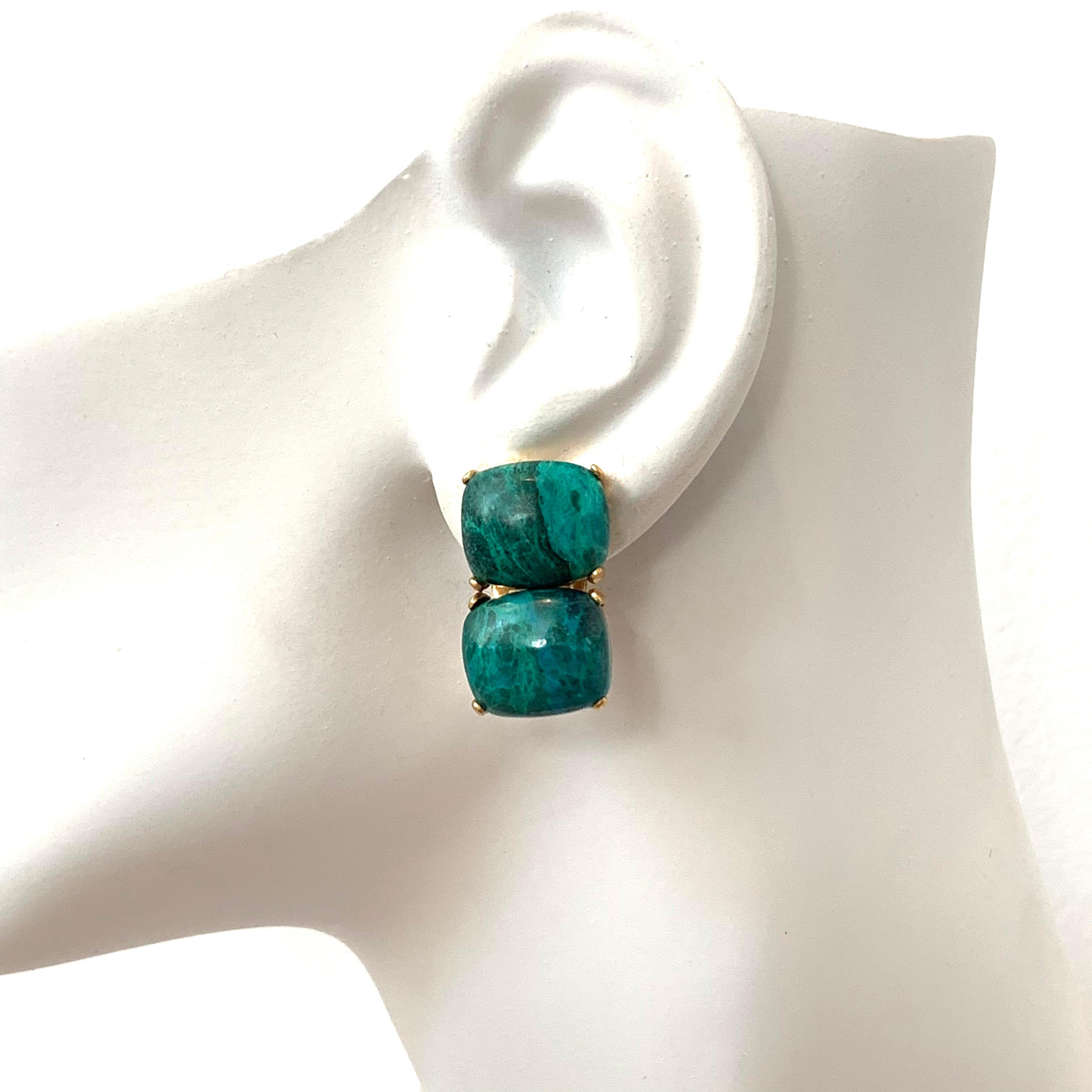 Stunning pair of Double Cushion Cabochon Chrysocolla Vermeil Clip-on Earrings 1