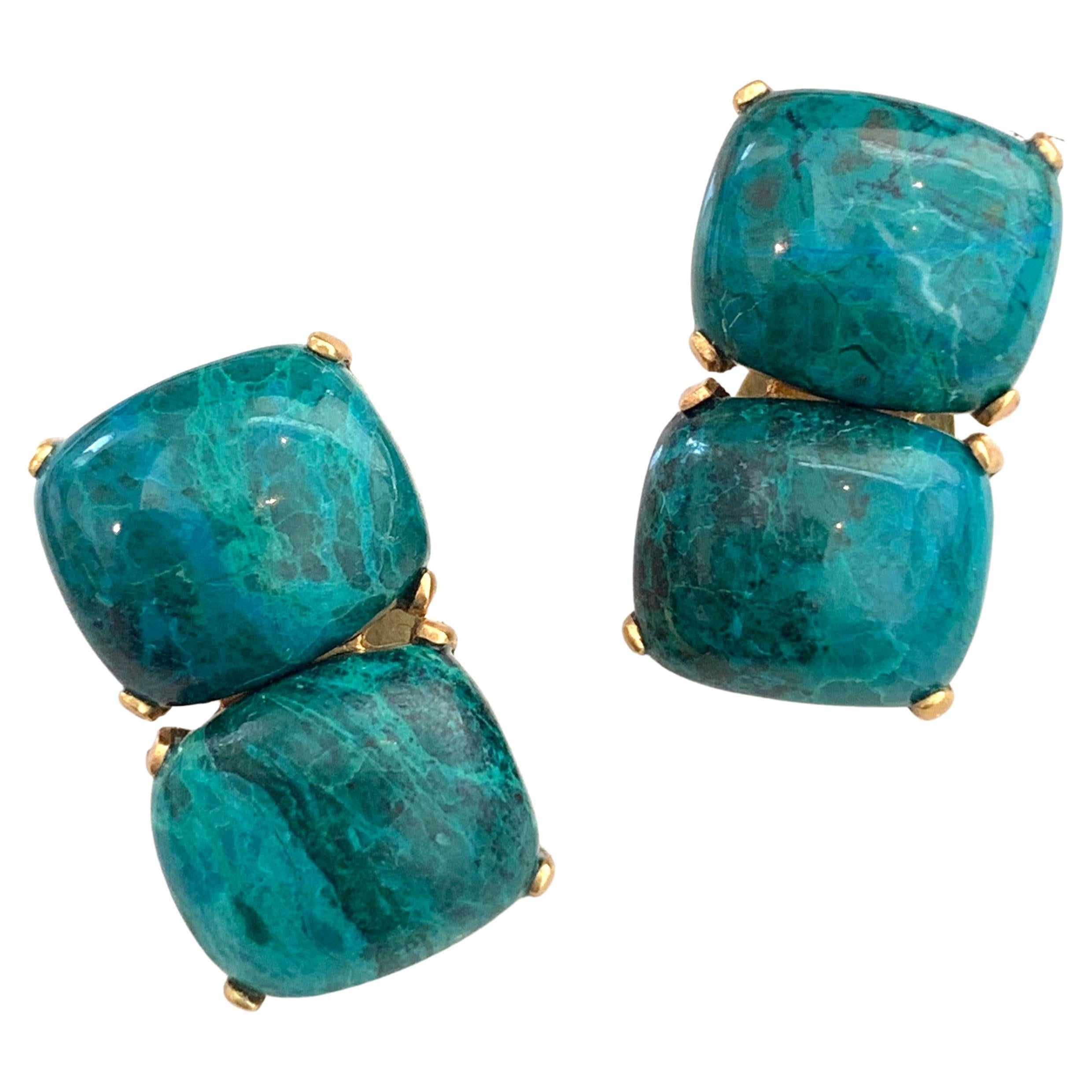 Stunning pair of Double Cushion Cabochon Chrysocolla Vermeil Clip-on Earrings