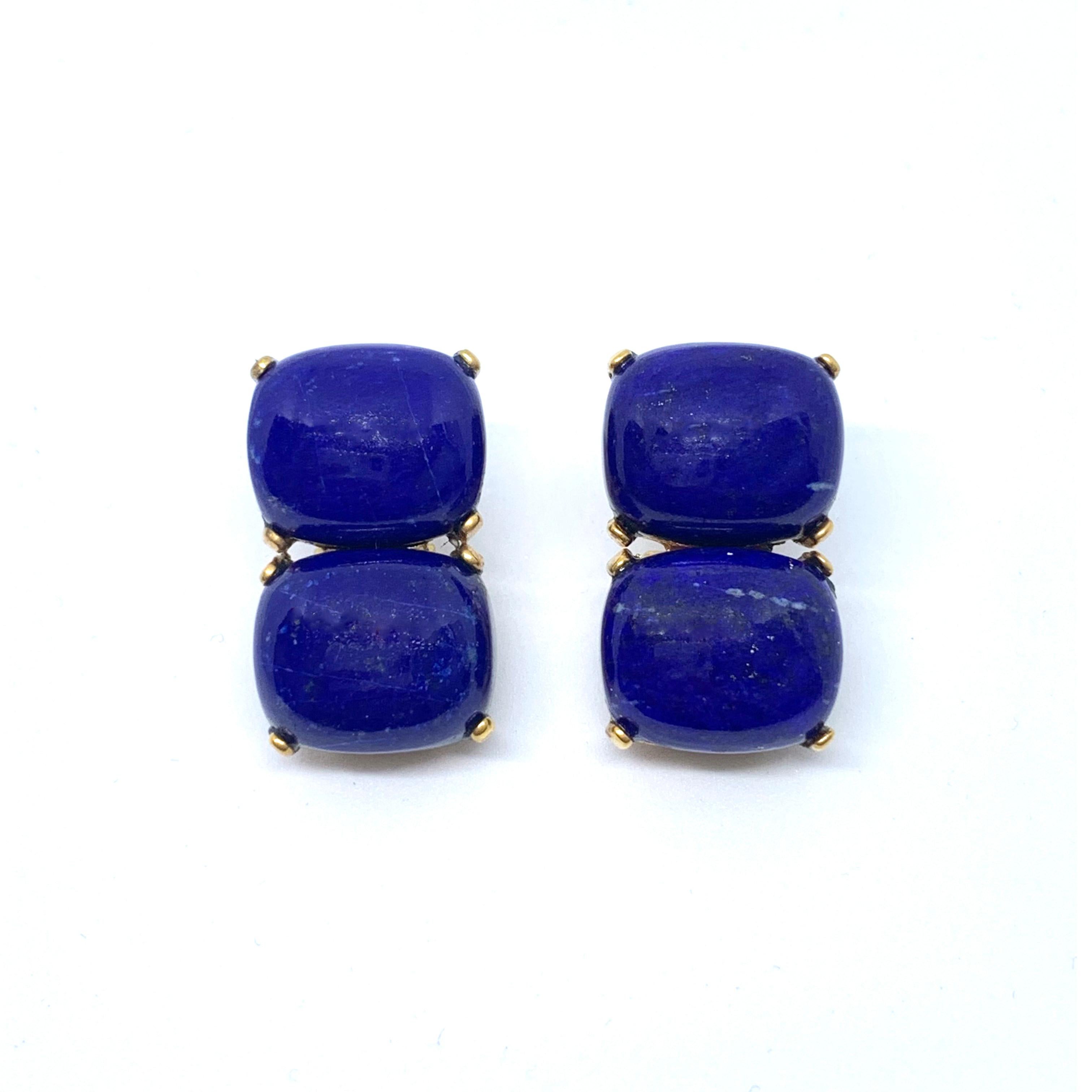 These stunning pair of earrings features 4 pieces of large cushion-shape cabochon-cut genuine lapis lazuli, hand bezel-set in 18k yellow gold vermeil over sterling silver. The classic double design allows the earrings to show off the beautiful and