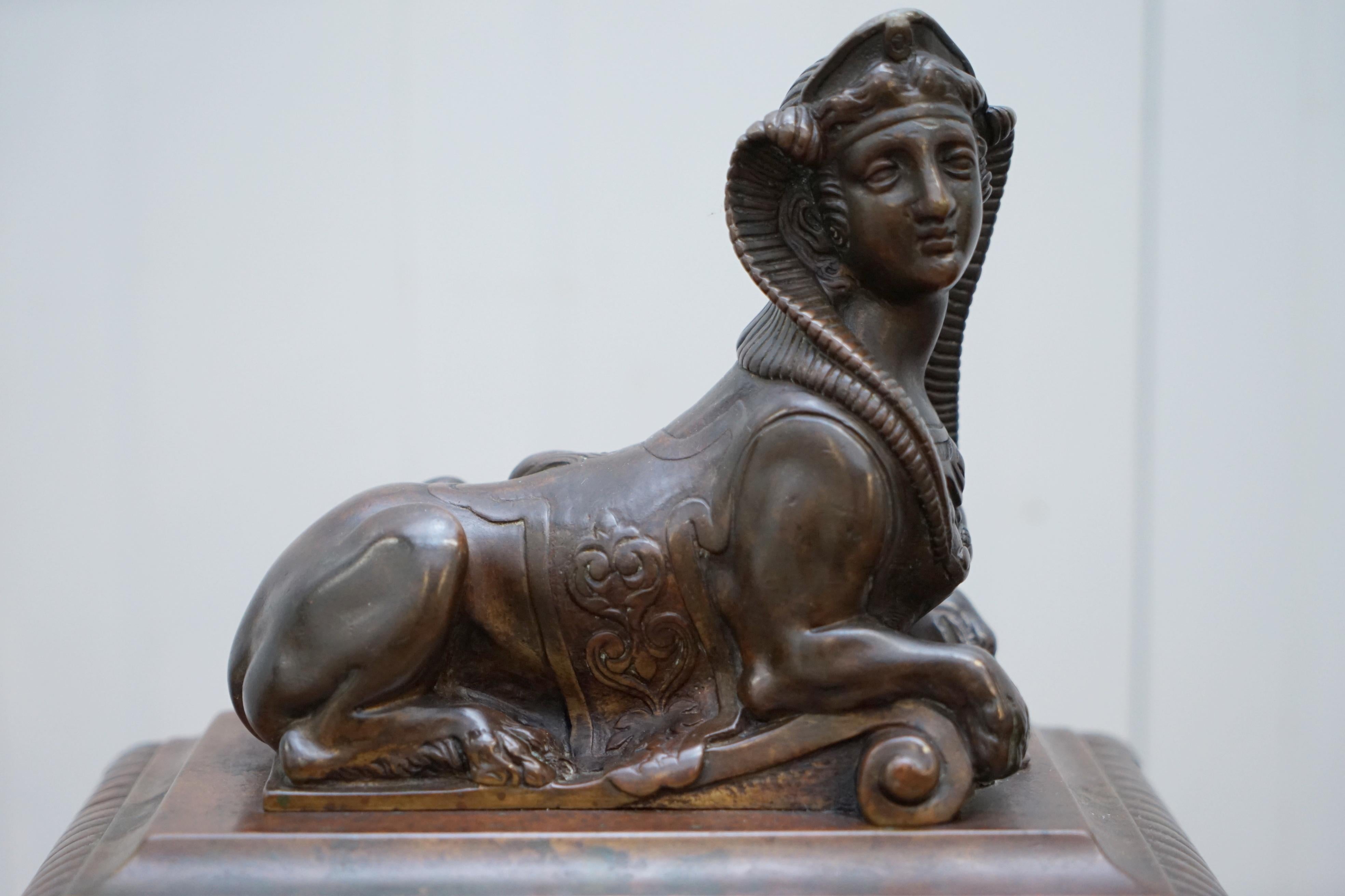Mid-19th Century Stunning Pair of Early Louis XVI French Bronze Chenets with Recumbent Sphinx