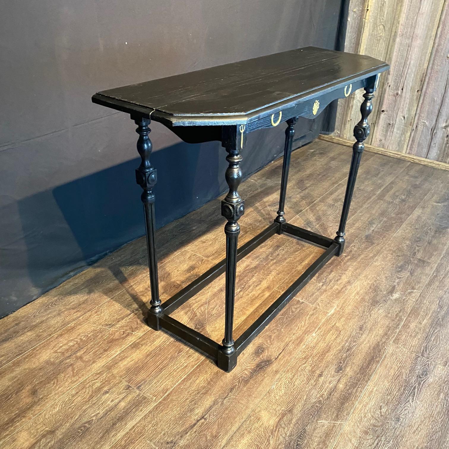 Stunning Pair of Ebonized Spanish Console Tables with Bronze Embellishments For Sale 5