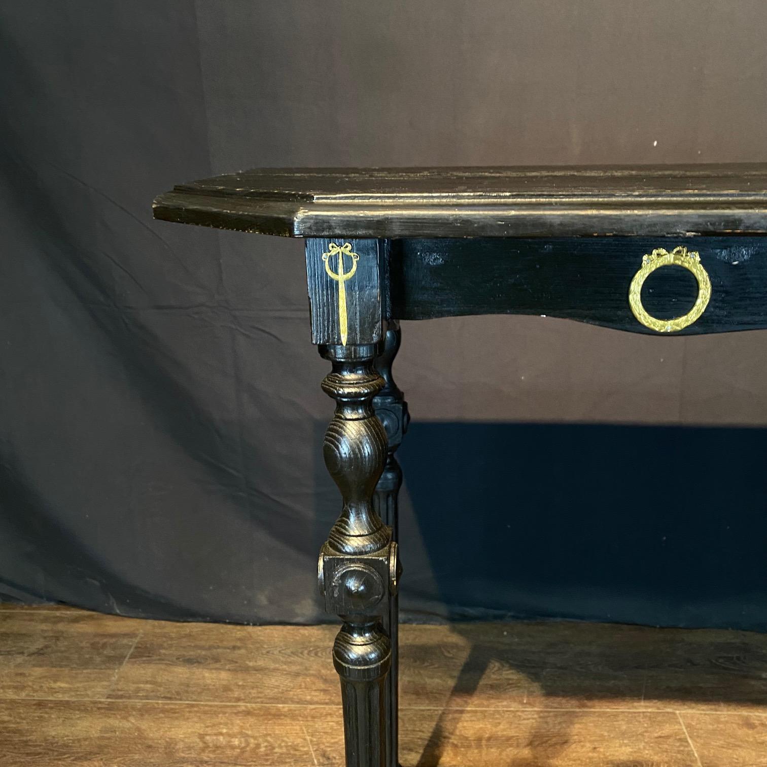 Stunning Pair of Ebonized Spanish Console Tables with Bronze Embellishments In Good Condition For Sale In Hopewell, NJ