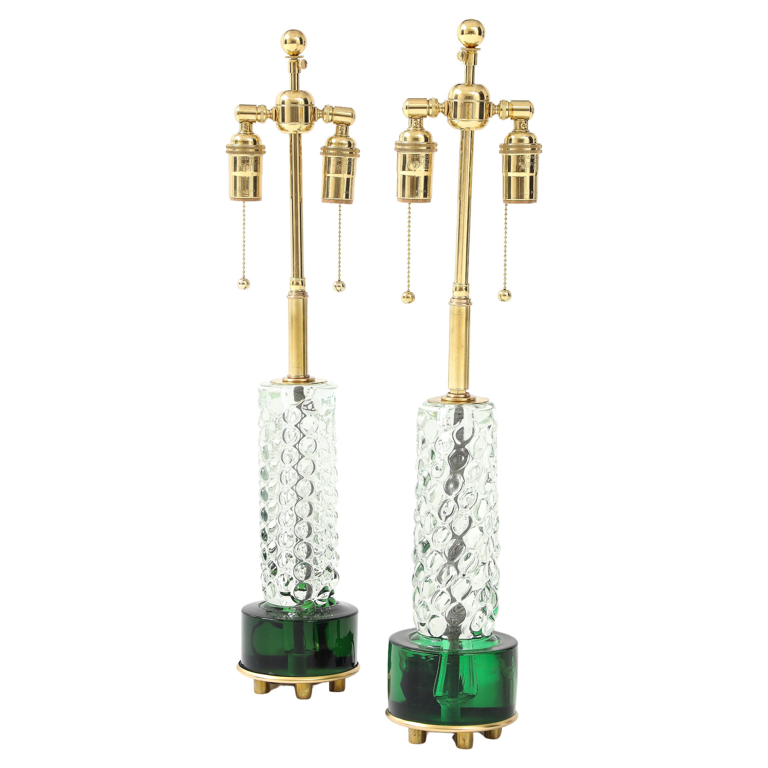 Superbe paire de lampes en émeraude et cristal clair