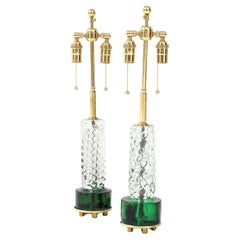 Superbe paire de lampes en émeraude et cristal clair