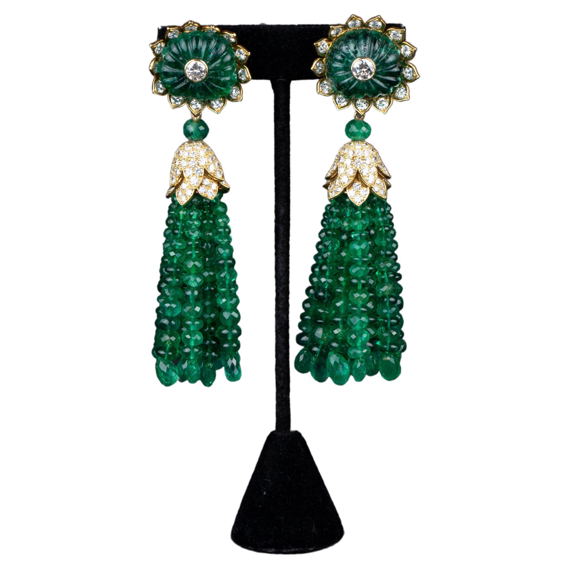Stunning Pair of Emerald Beads and Diamond Ear-Pendants For Sale