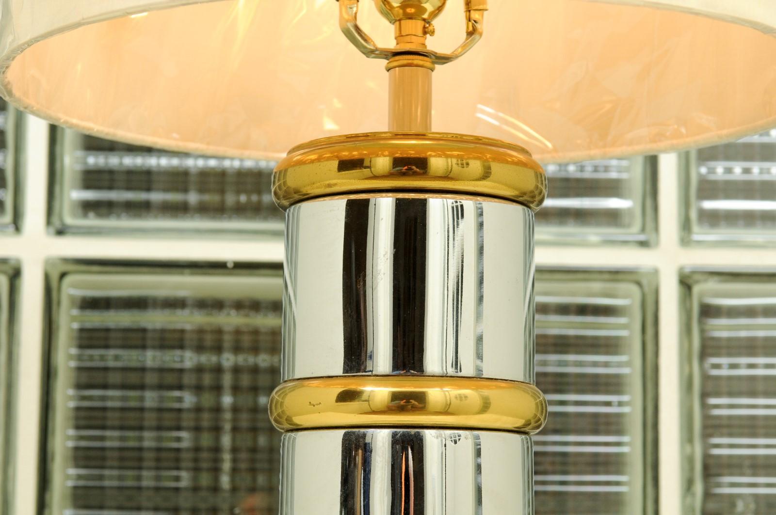 Italian Stunning Pair of Faux-Bamboo Lamps in Chrome and Brass, Italy, circa 1970 For Sale