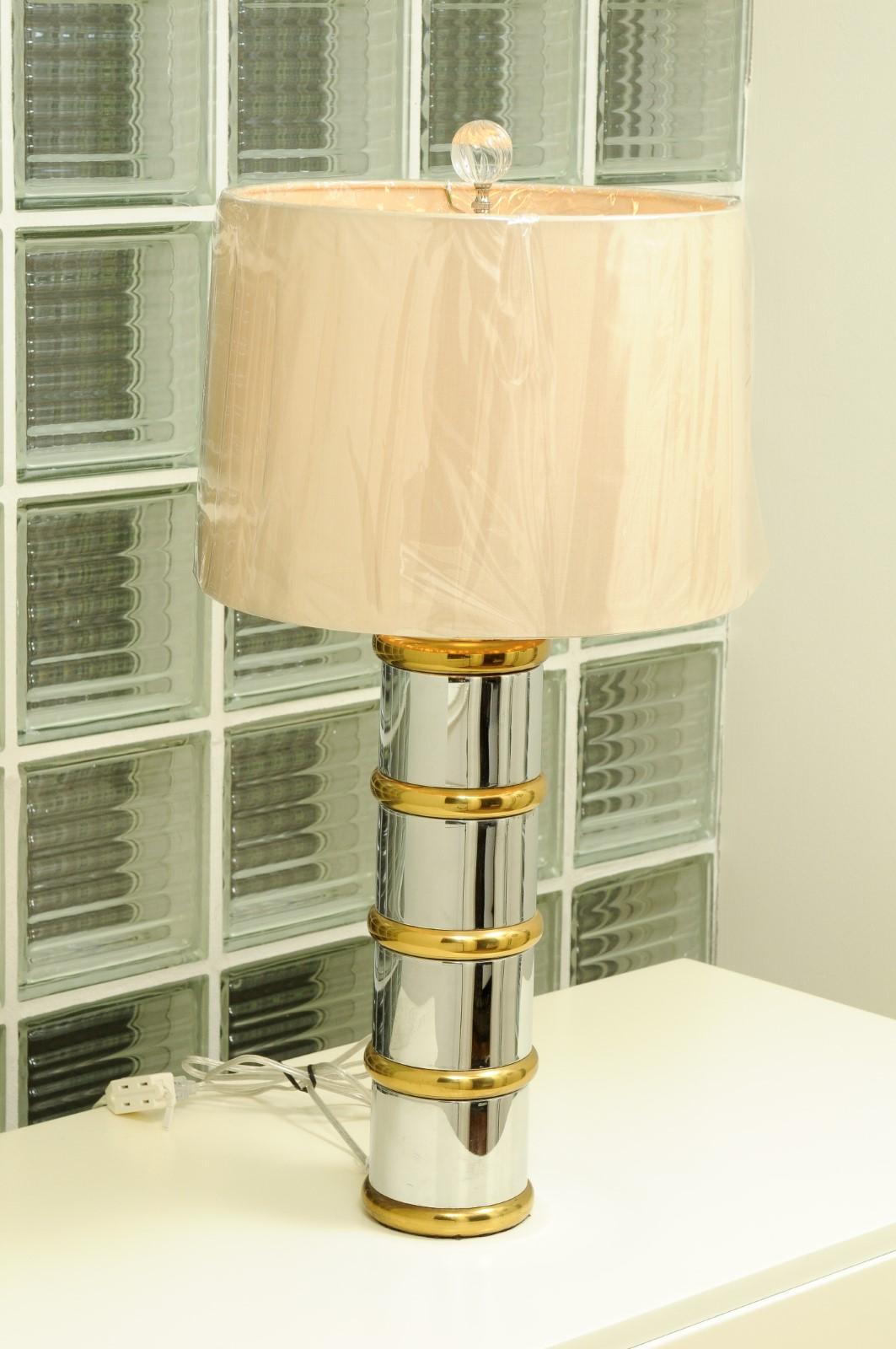 Late 20th Century Stunning Pair of Faux-Bamboo Lamps in Chrome and Brass, Italy, circa 1970 For Sale