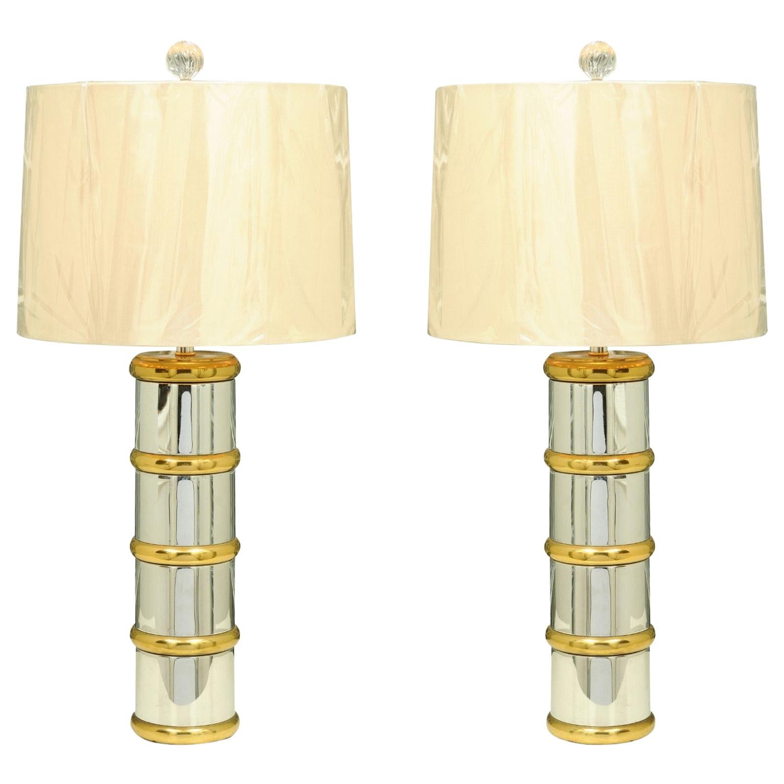Stunning Pair of Faux-Bamboo Lamps in Chrome and Brass, Italy, circa 1970 For Sale