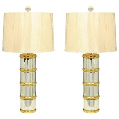 Vintage Stunning Pair of Faux-Bamboo Lamps in Chrome and Brass, Italy, circa 1970