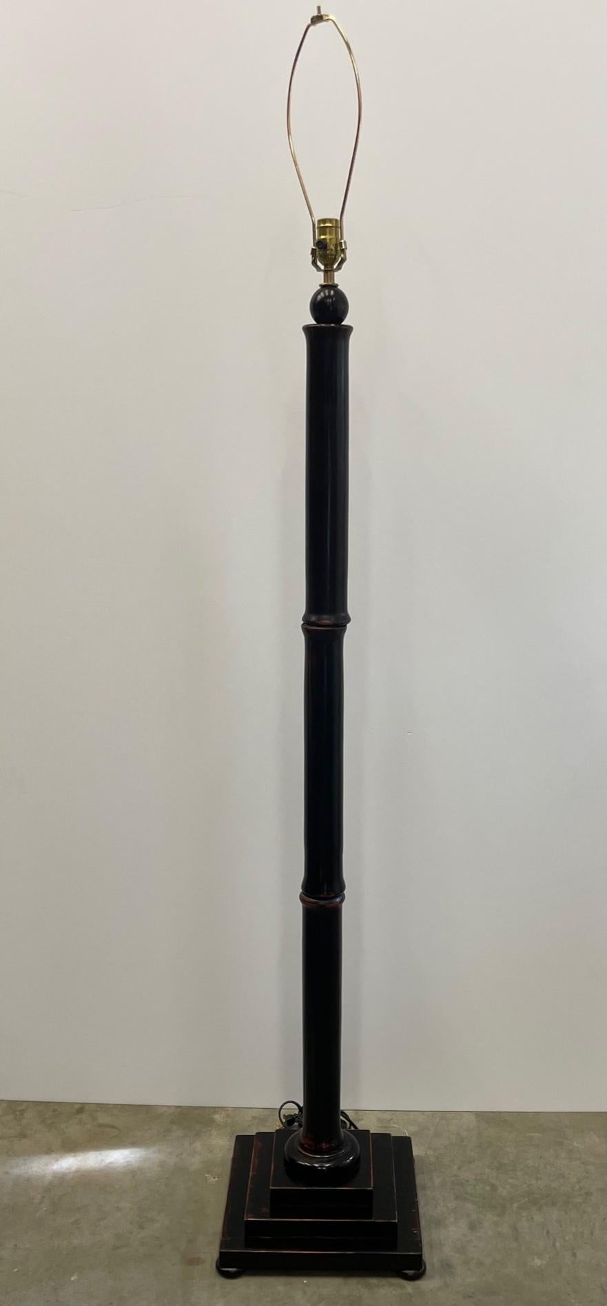American Stunning Pair of Faux Bamboo Wooden Floor Lamps with Black Finish For Sale