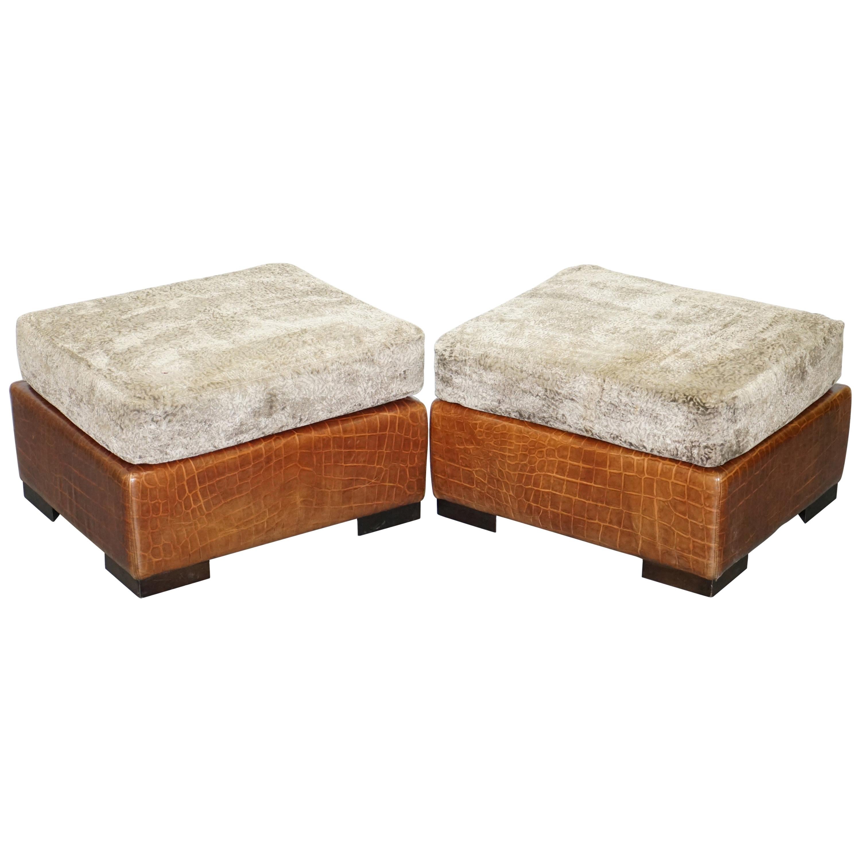 Stunning Pair of Fendi Casa Crocodile Alligator Patina Brown Leather Footstools