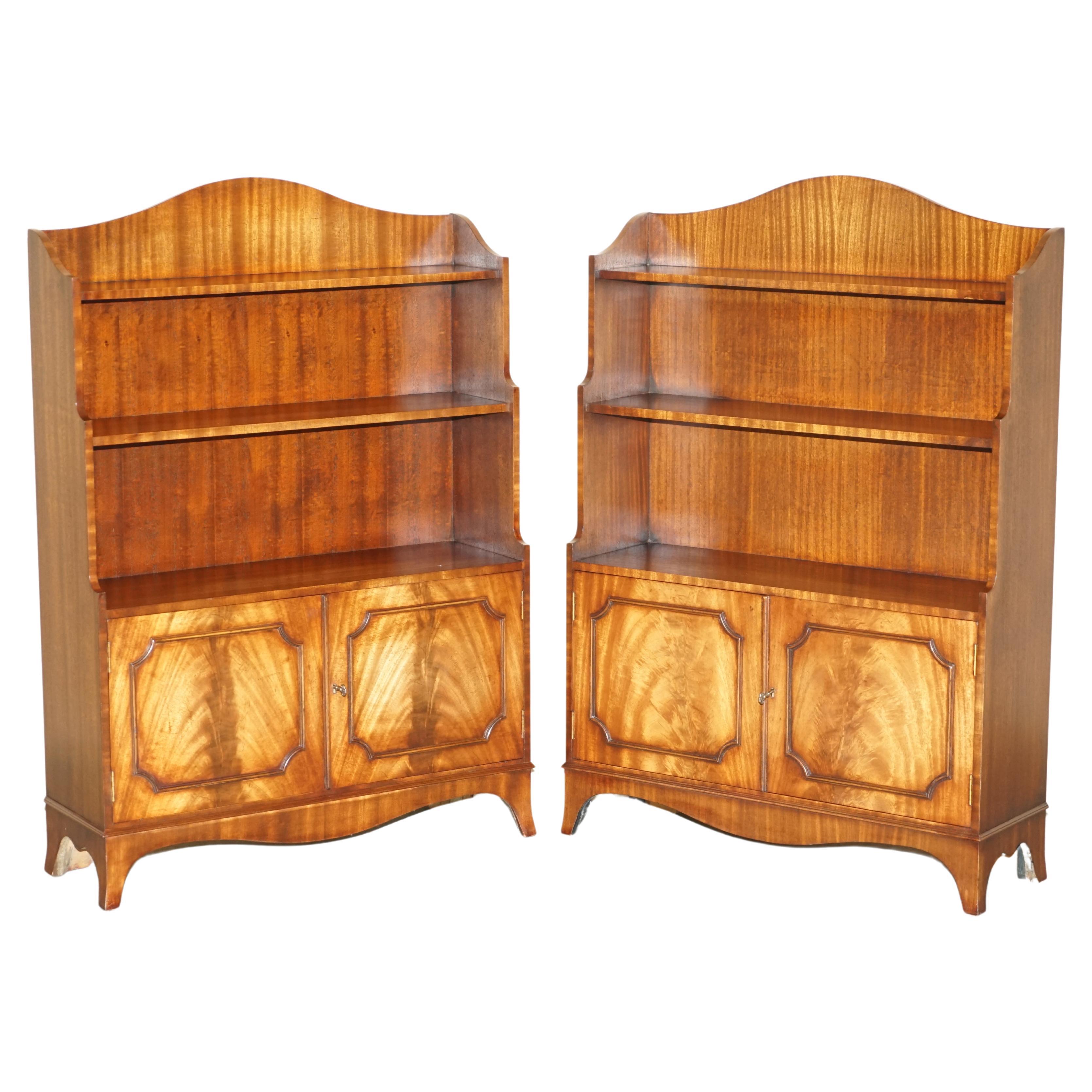 Stunning Pair of Flamed Hardwood Dwarf Waterfall Open Library Bookcases Cupboard